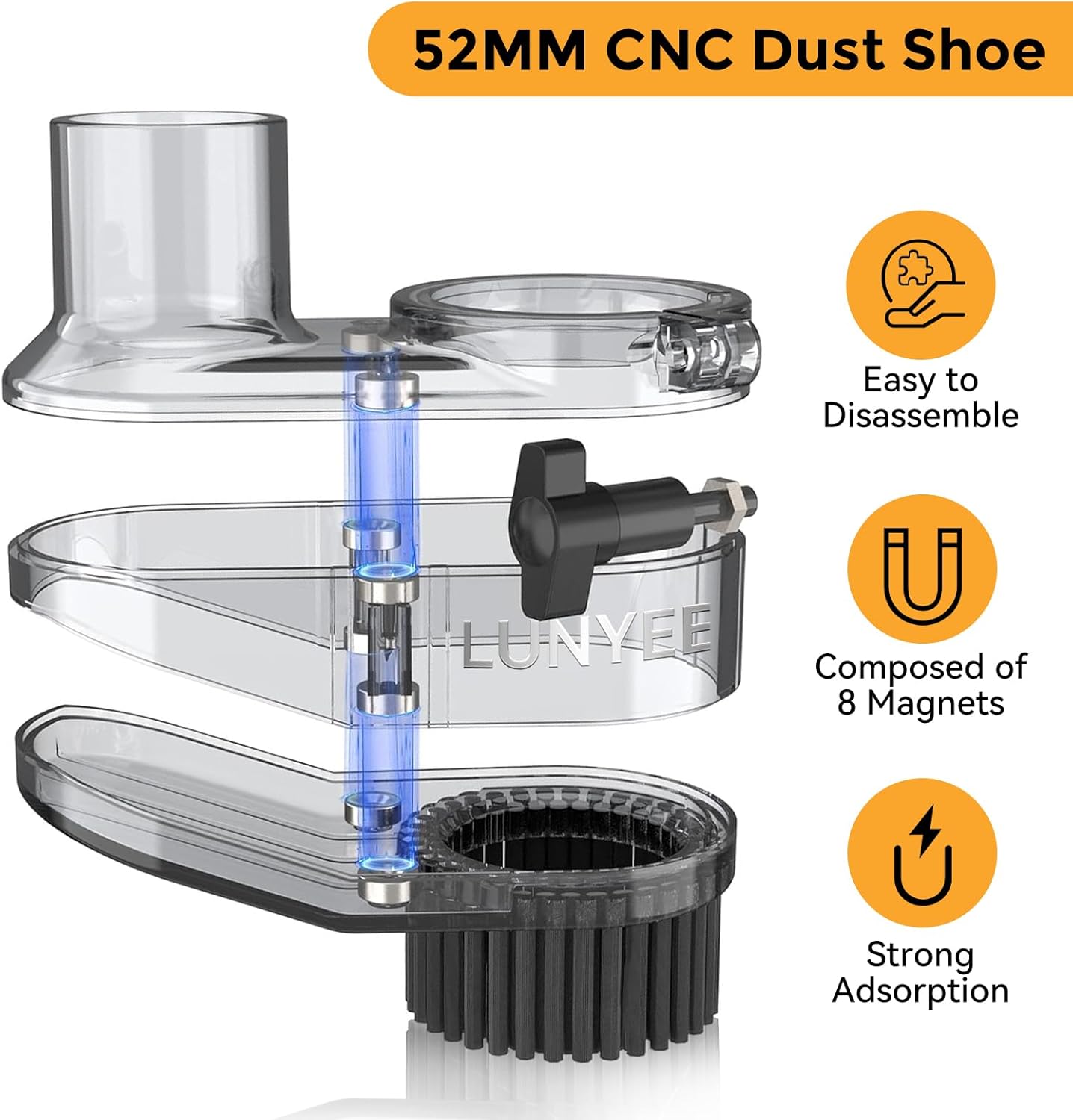 Räjähtänyt view of the 52mm CNC Dust Shoe showing magnetic components for easy disassembly and strong adsorption.