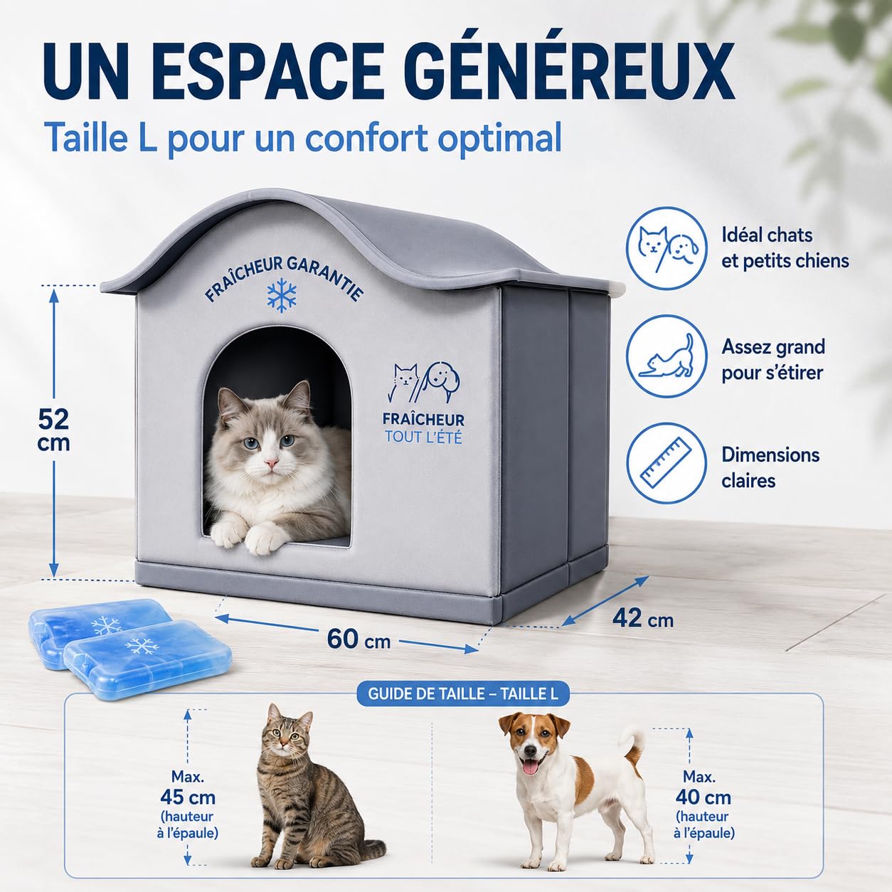 Maison Rafraîchissante pour Chat et Petit Chien – Lit Climatisé avec Poches pour Blocs de Glace – Niche Fraîche Pliable en Tissu Oxford – Couchage Été Anti-Chaleur Taille L