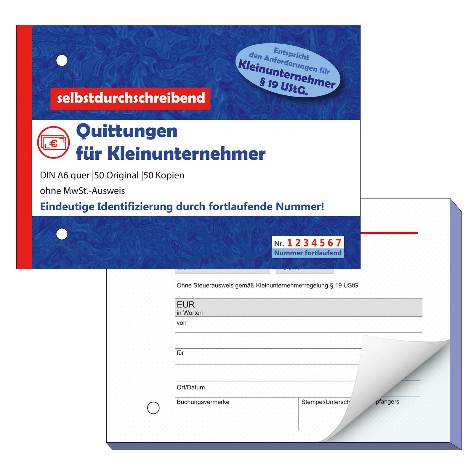 Nezyo Quittungsblock für Kleinunternehmer DIN A6 Gelocht 2 x 50 Blatt Selbstdurchschreibend Fortlaufend Nummeriert Eindeutige 7stellige Nummer Rechnungsblock mit Durchschlag(1 Stück, Horizontal)