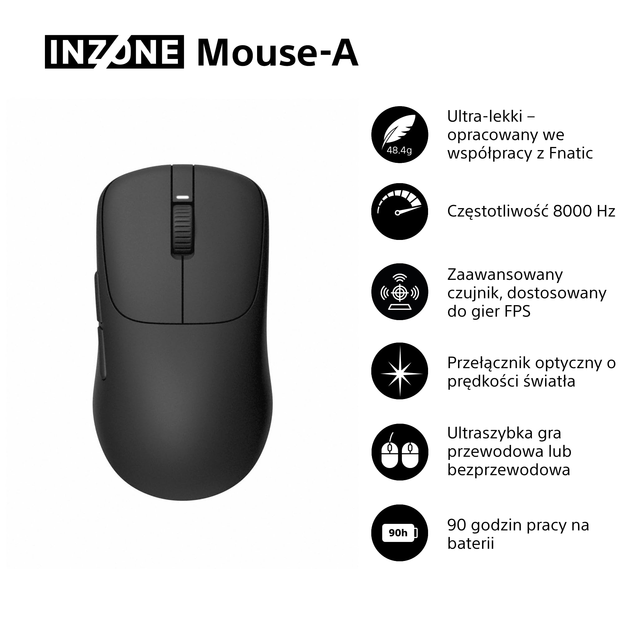 Sony INZONE Mouse-A bezprzewodowa mysz gamingowa, ultralekka (48,4 g), próbkowanie 8000 Hz, czujnik PixArt 30 000 DPI, przełączniki optyczne, bateria 90h, projekt z Fnatic, PC FPS Esports, czarna