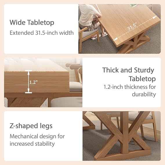 Modern Wooden Dining Table Set with Chairs, Solid Wood Dining Room Table Set for 4 or 6, Kitchen Table and Chairs Set for Dining Room or Home, Rectang Walnut 55.1-inch long dining table + 6 armchairs