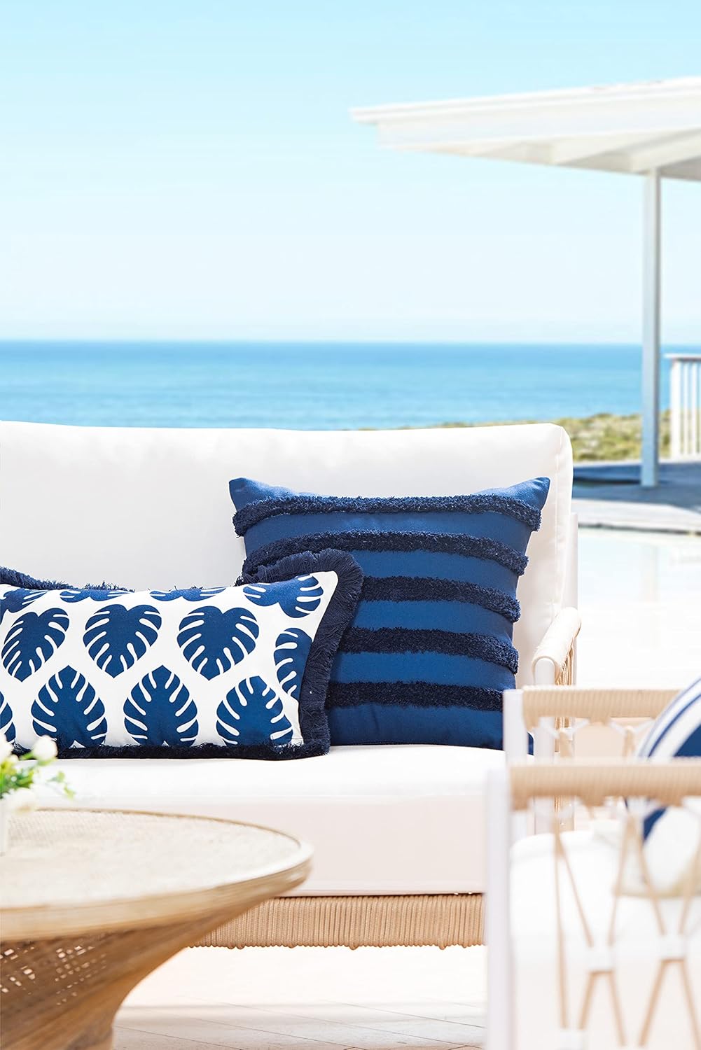 Hofdeco Premium Coastal Hampton Style Patio Indoor Outdoor Lumbar Pillow Cover Only, 12"x20" Water Resistant for Backyard, Couch, Navy Blue Monstera Leaf Fringe