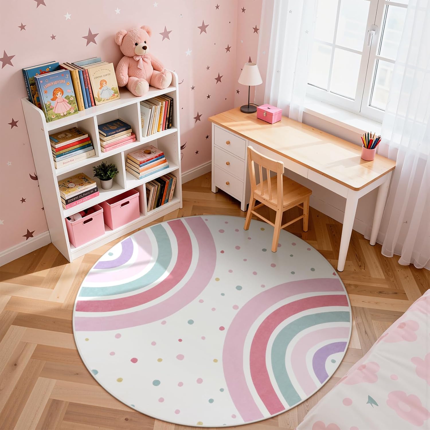 STARUIA Pink Round Rug for Girls, 5 Ft Rainbow Kids Rug for Nursery, Colorful Washable Rugs for Bedroom, Non-Slip Circle Time Rugs Soft Polka Carpet for Kids Room Princess Castle