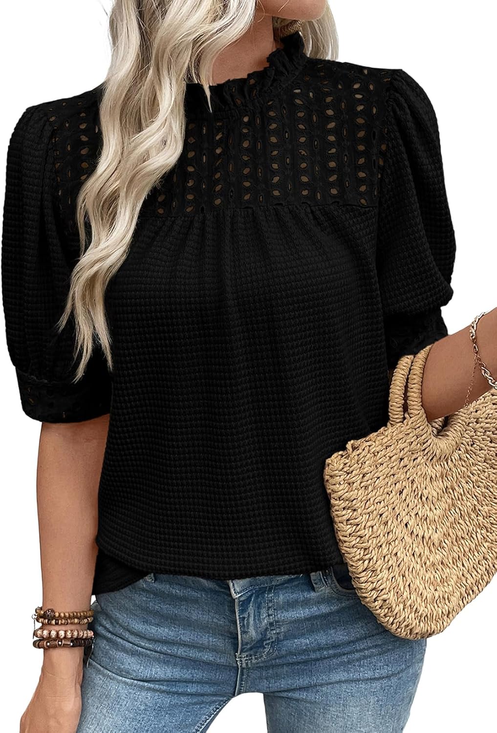 EVALESS Womens Tops Blouses for Women Dressy Casual Waffle Frill Trim Eyelet Embroidery Mock Neck Puff Sleeves Shirts