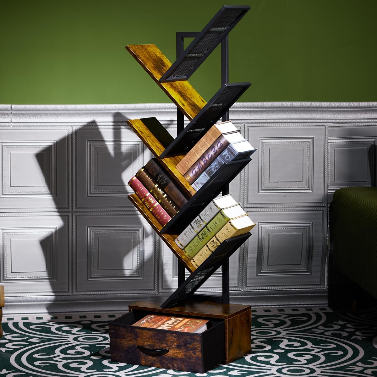 HOYRR Book Shelf, 6 Shelf Tree Bookshelf, Vintage Color Ironwood