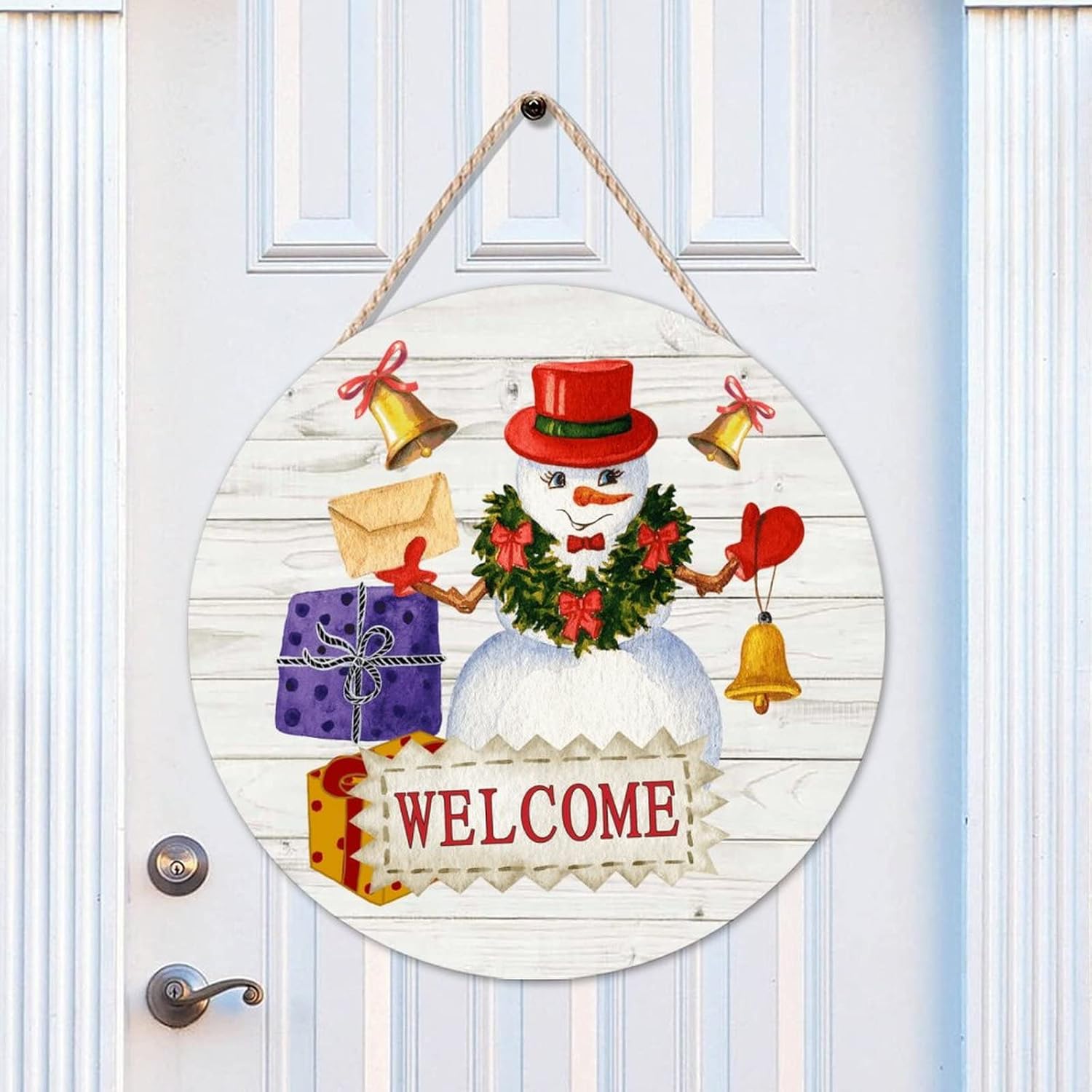 Christmas Snowman Welcome Wood Door Sign, Winter Front Door Round Welcome Wood Sign, 16x16in Merry Christmas Welcome Wall Door Hanging Sign for Backyard Front Porch Door Decor