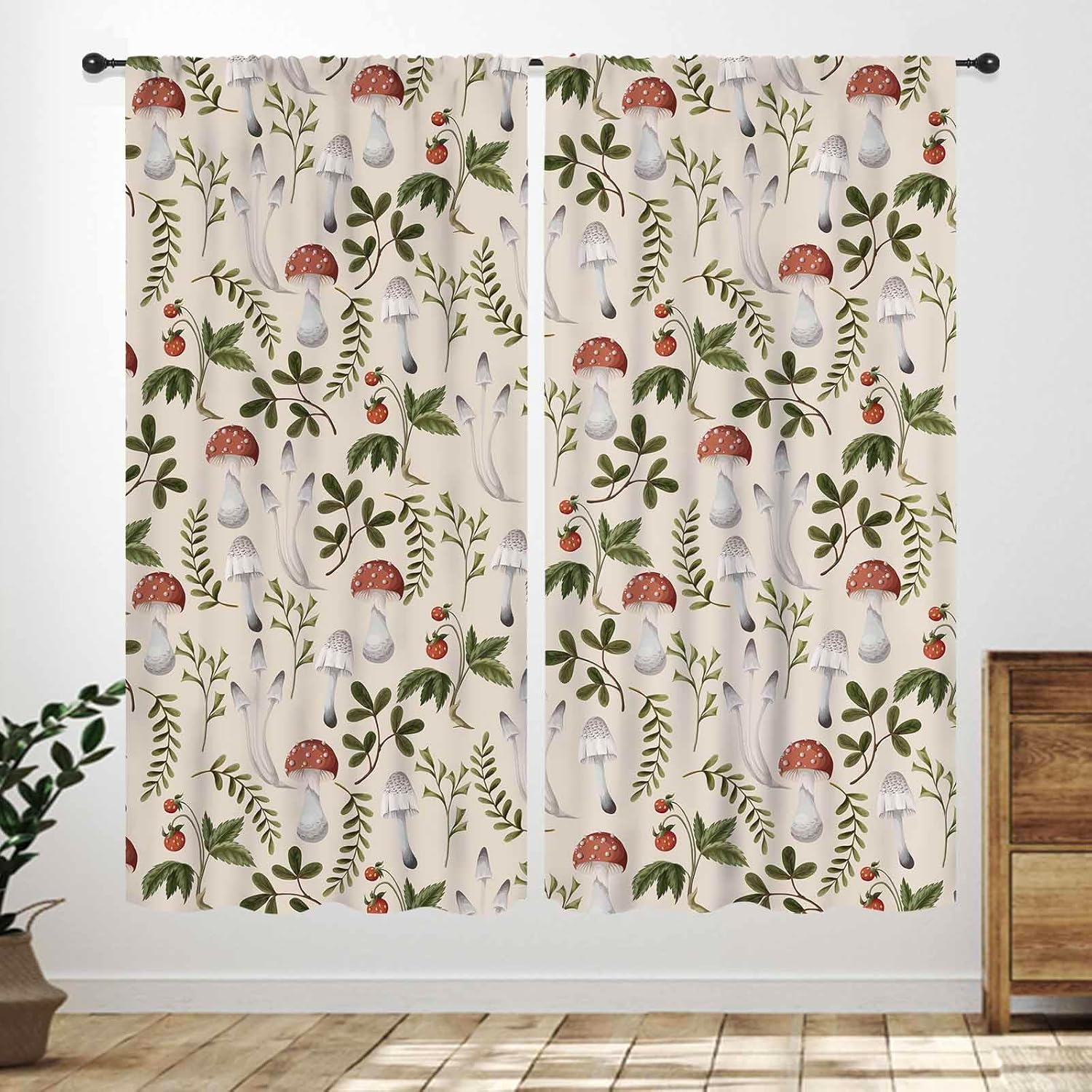 Mushrooms Window Curtains for Kitchen,Bohemian Herb Leaf Vintage Farmhouse Curtains for Bedroom Living Room Bathroom Window Treatments,63X63 Inch