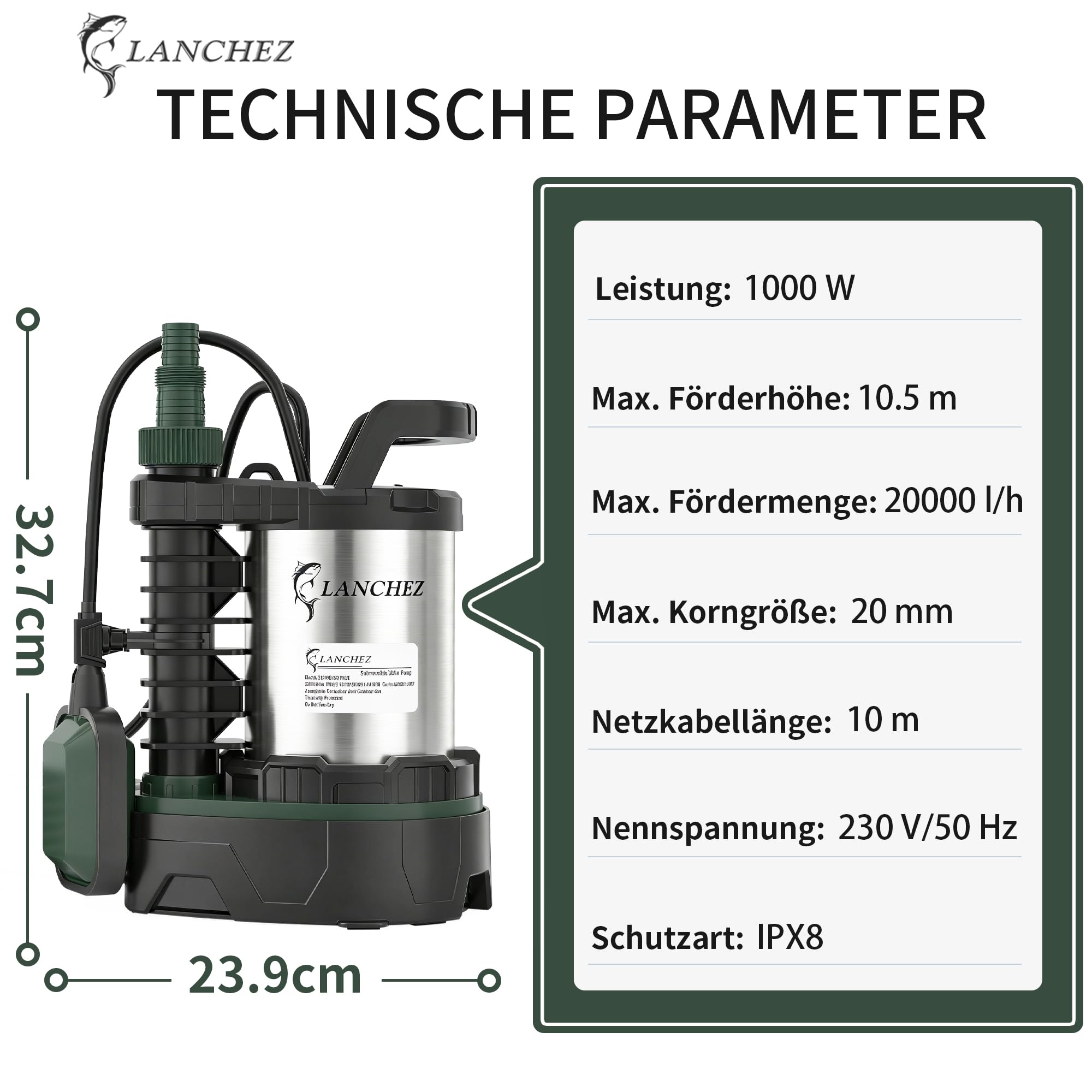 LANCHEZ Pompe submersible 1000 W, débit 20 000 l/h, mode eaux usées / eau propre, hauteur de refoulement 10,5 m, profondeur d'immersion 7 m, acier inoxydable, interrupteur à flotteur réglable