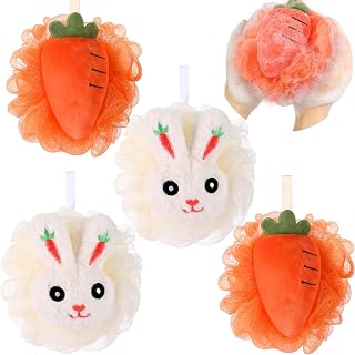 4 Pcs Rabbit Carrot Bath Loofah Sponge Cartoon Body Scrubber Loofah Soft Mesh Exfoliating Bath Scrubber Shower Ball for Shower Sponge Gifts Exchange Birthday Party