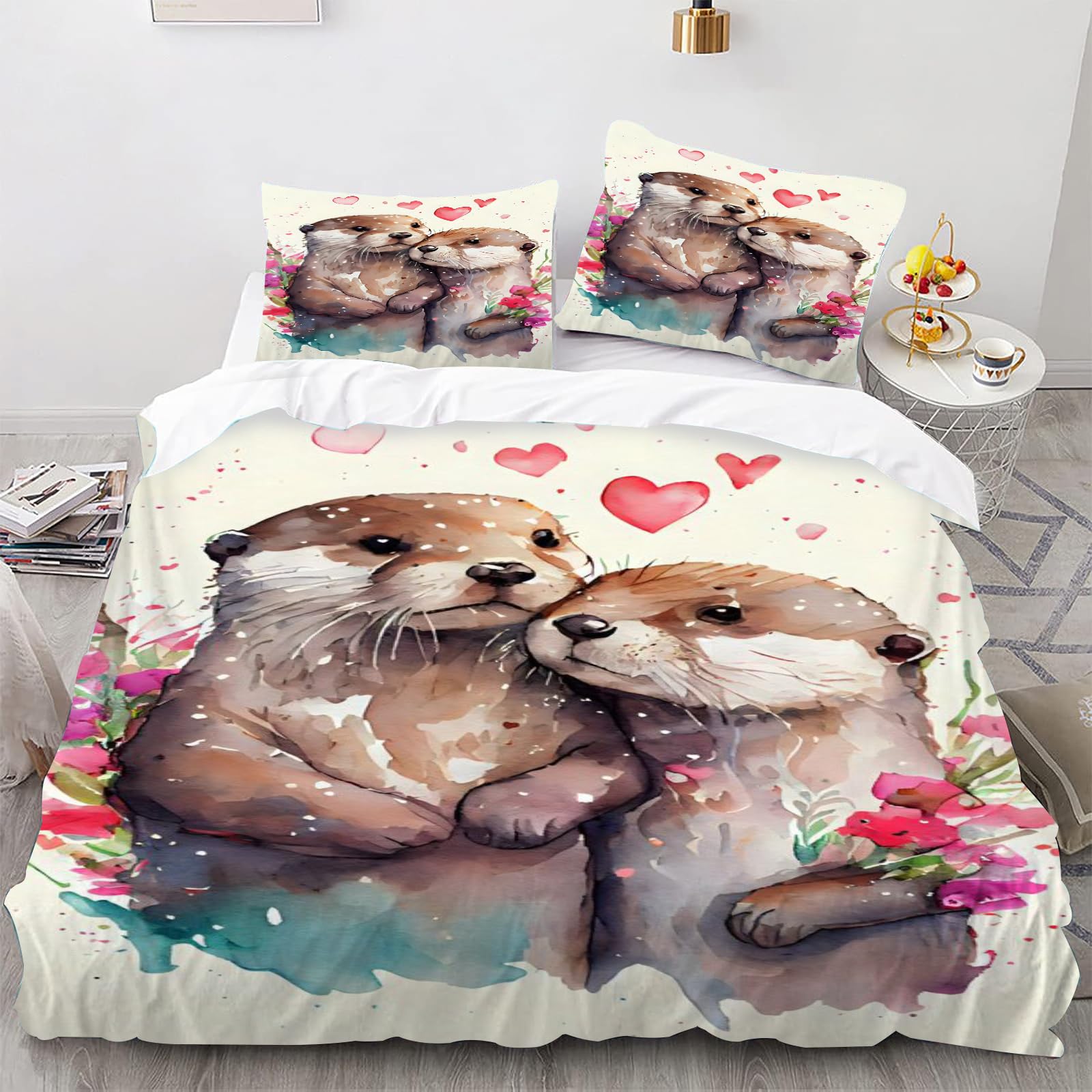 Smchwbc Boys 1 Otter Bed Linen 35 X 200 Cm Cute Otter Duvet Cover For Girls Sea Otter Bed Linen Set 3D Print With Zip And 2 Pillowcases (135 X 200 Cm, )