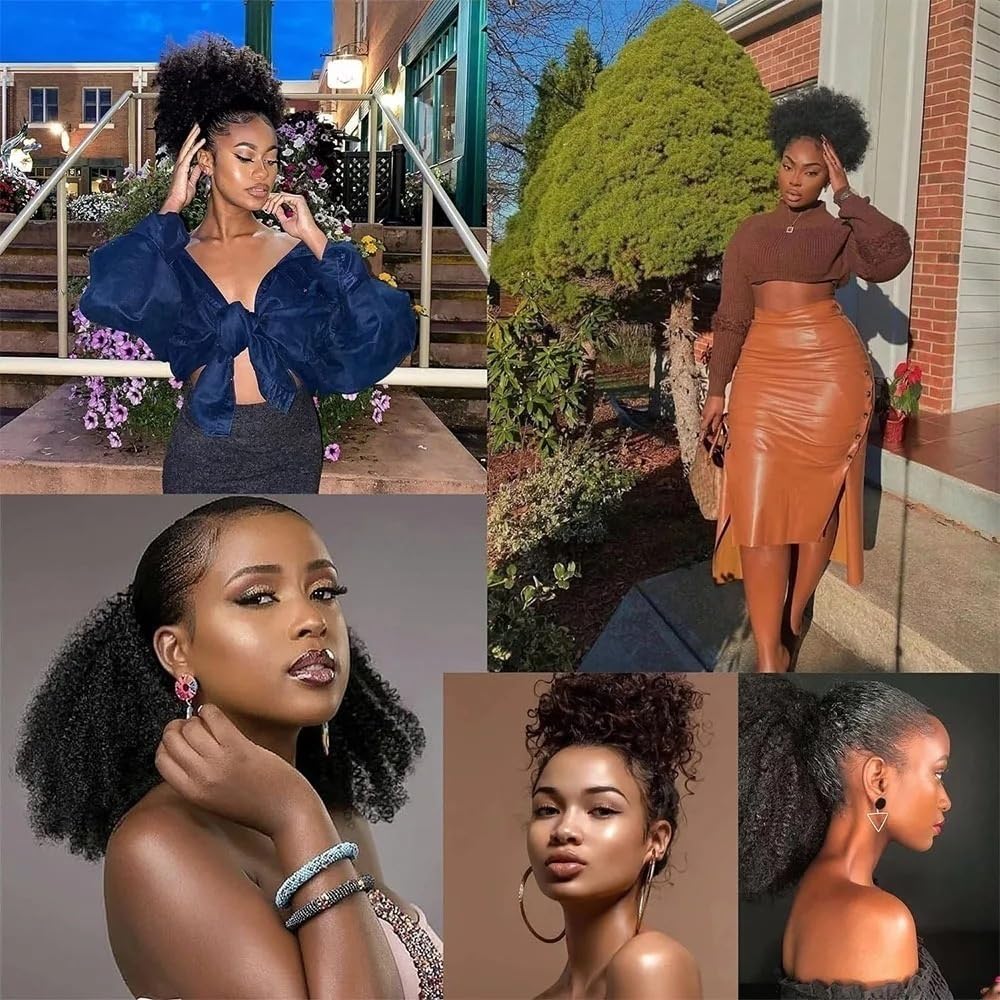 10-24 Zoll Verworrenes Lockiges Haarteil, Echthaar Kordelzug Pferdeschwanz Verlängerung, Afro gelocktes Brasilianisches Remy-Haar Clip-in Verlängerung Für den täglichen Gebrauch(12inches(105g))