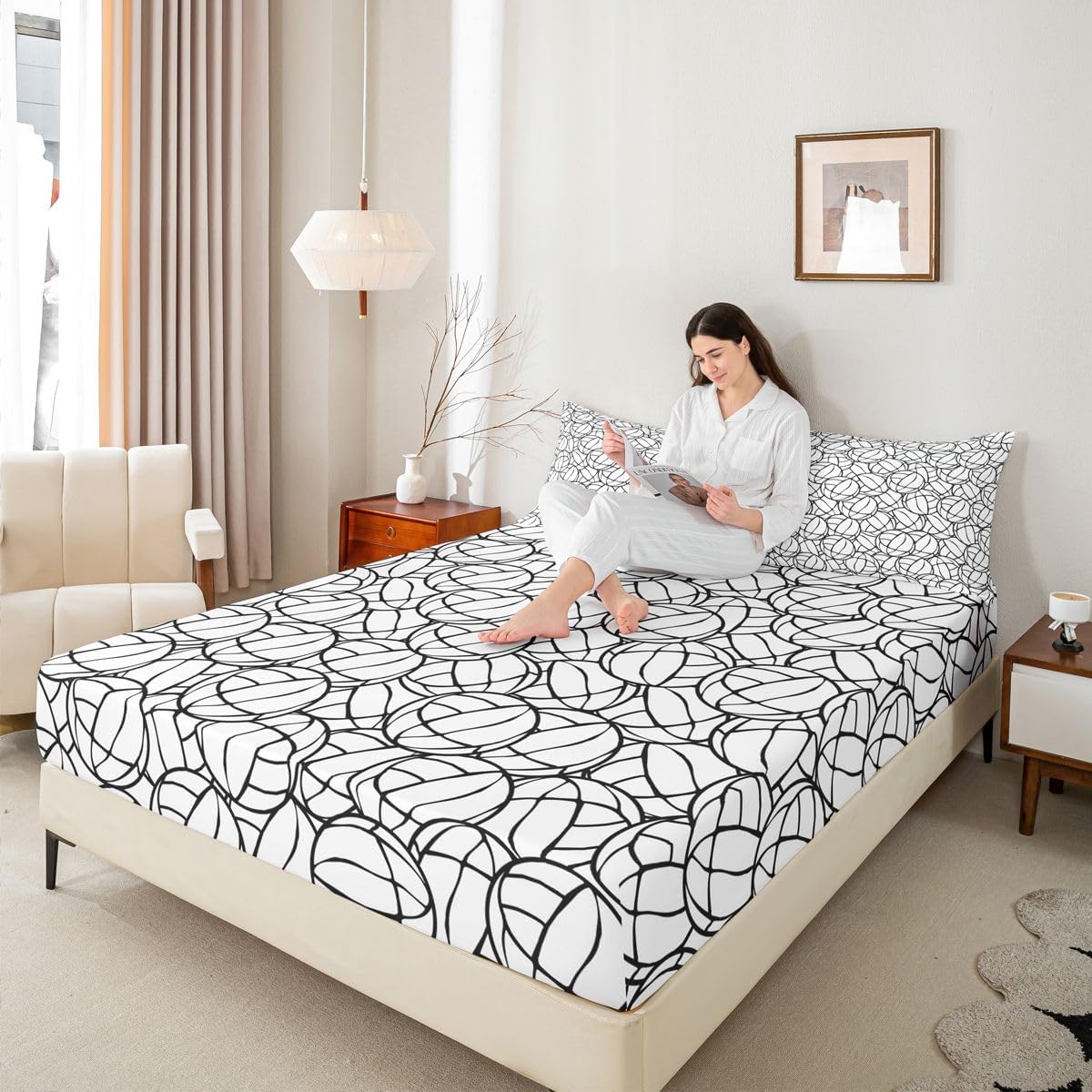 Feelyou Queen Size Volleyball Bed Sheets Set Boys Girls Sports Game Sheet Set for Kids Women Men Ultra Soft Volleyball Player Sheets with Deep Pocket Fitted Sheet Black White Room Decor