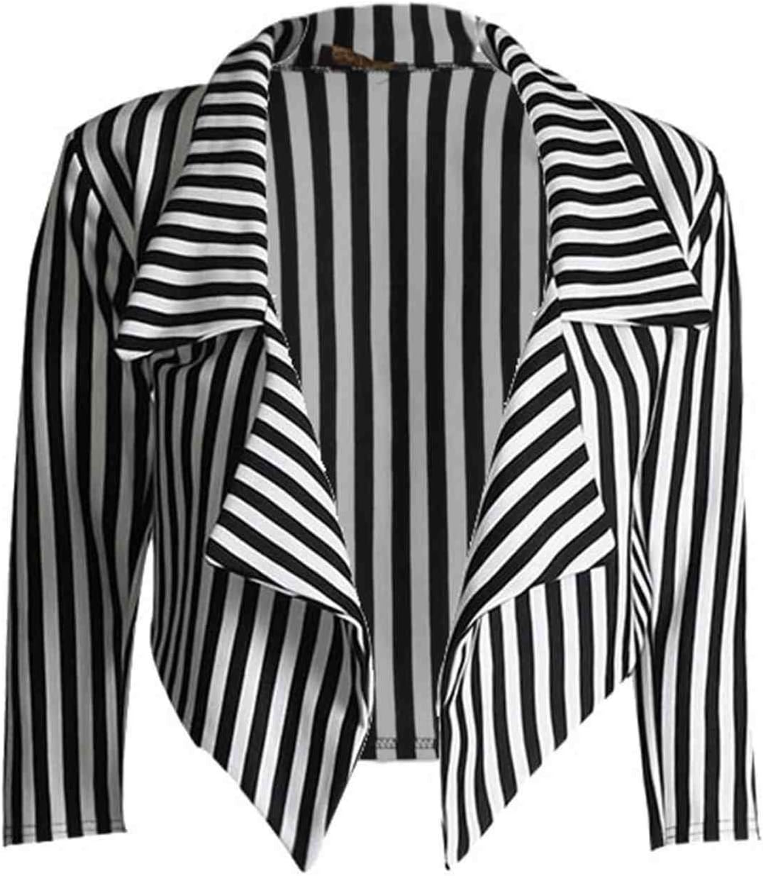 New Womens Black White Striped Crop Waterfall Blazer Ladies Casual Jacket Coat Stripe Blazer, Black and White Stripe