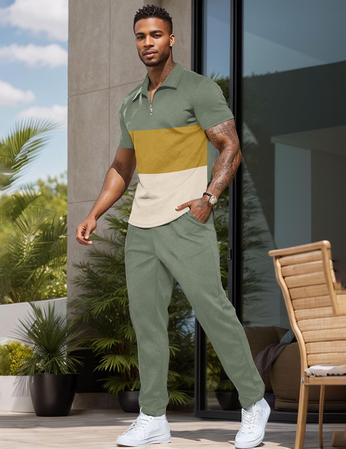 UOUA Mens Sweat Suits Set Tracksuit 2 Piece Outfits Short Sleeve Casual Sweatshirt & Loose Jogging Pants - Image 4