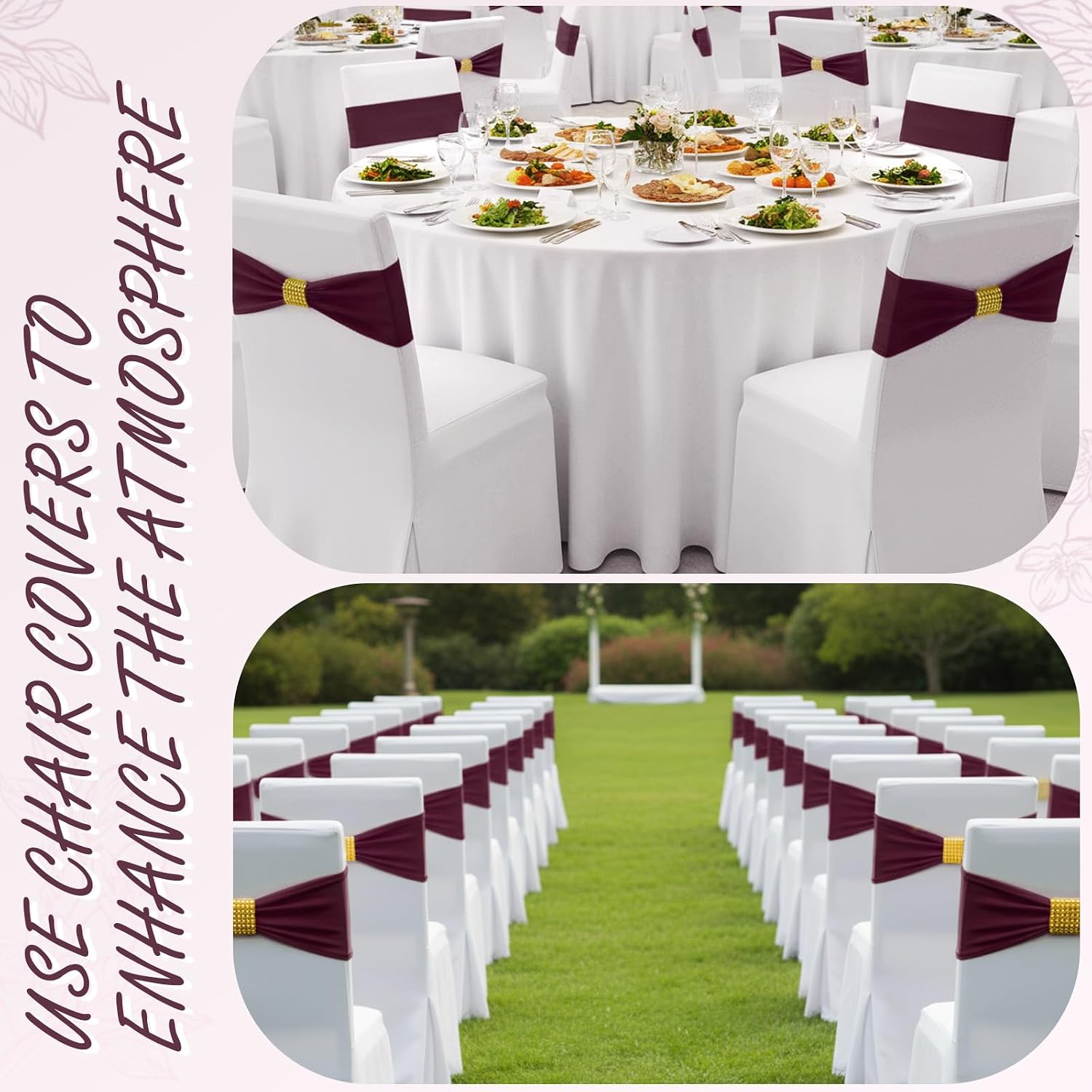 Hahafelt 150 Pcs Spandex Chair Sashes Bows with Rhinestone Ring Buckle Stretch Universal Bowknot Chair Cover Band Ties for Wedding Banquet Ceremony Event Party Decoration (Burgundy)