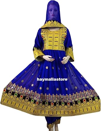 Afghan Kuchi Traditional Party Wedding Embroidered Three Pieces Chiffon Blue Dress Medium 40 inches Bust