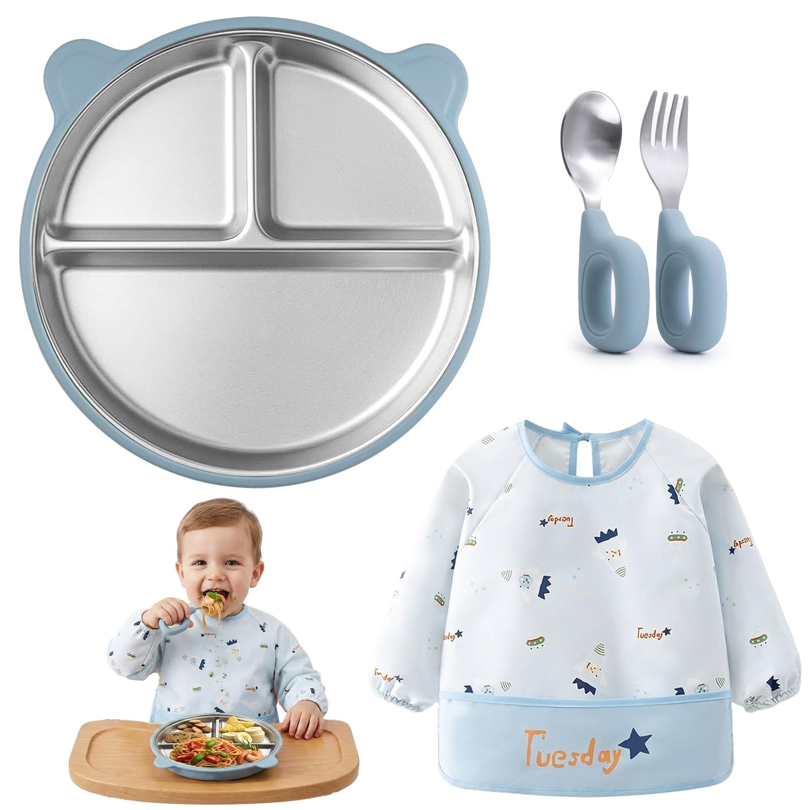 Coffret vaisselle bébé inox bleu cadeau de naissance et baptême original