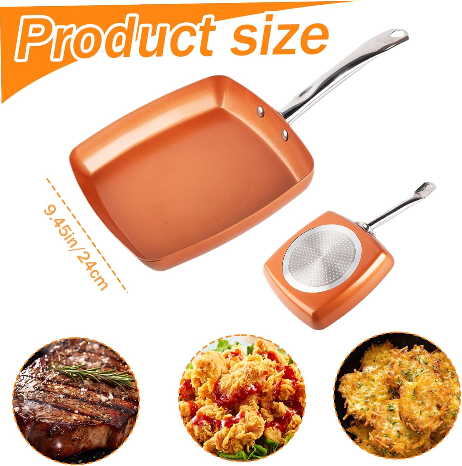 Square Frying Pan 9.5'' Square Skillet Non Stick Induction Frying Pan with Stainless Steel Handle Cooking Pan Dishwasher and Oven Safe for Quickly Even Heating Square Frying Pan