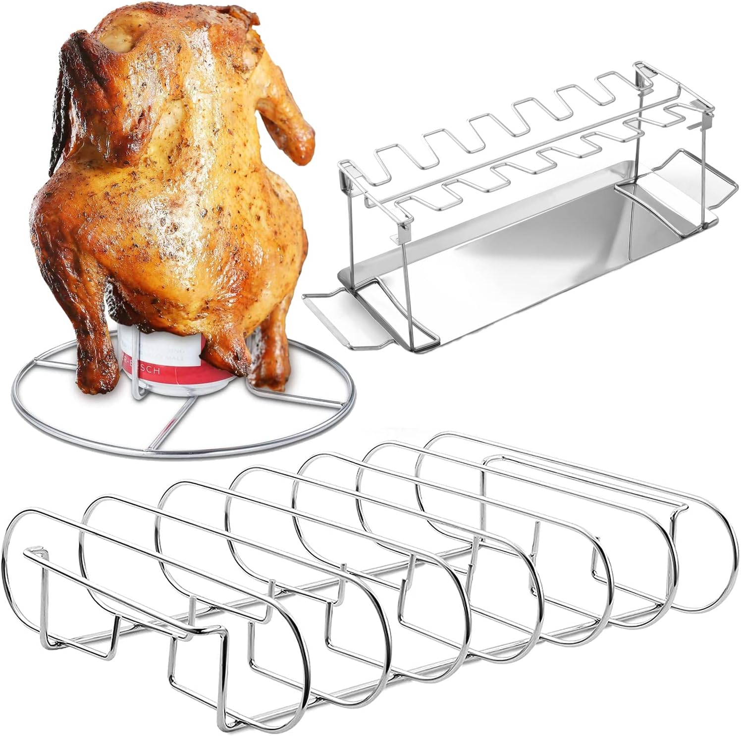 Chicken Leg and Wing Rack for Grill, 2 Pcs Beer Can Chicken Holder for Oven, and Large Rib Rack for Smoking Bundle - Premium Quality Stainless Steel - Easy to Use and Clean