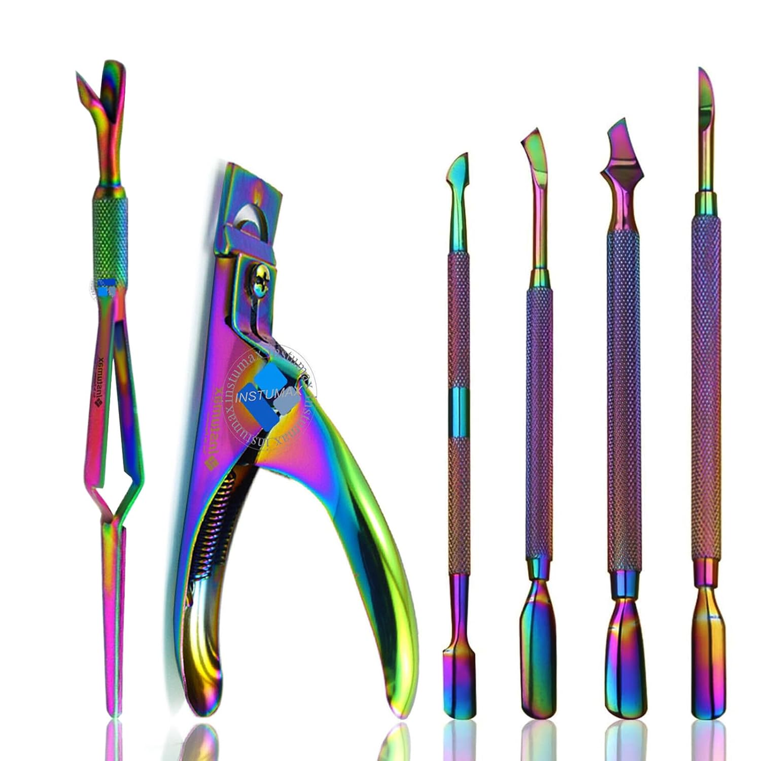 6Pcs Manicure Trimmer Cuticle Remover with Cuticle Pusher, Acrylic Nail Clipper, Cutter for False UV Gel Nails Tip Trimmer Nail Art Pincher Cuticle Pusher Tweezer Magic Wand Nail Cleaner INSTUMAX