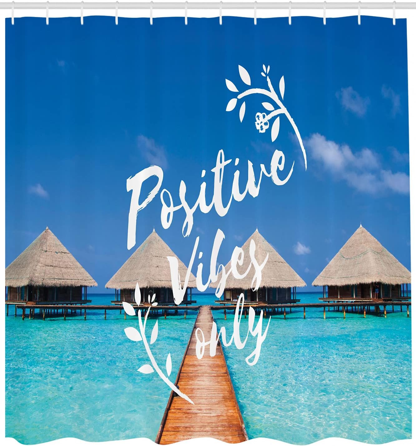 Ambesonne Saying Shower Curtain, Positive Vibes Only Inspirational Concept Message Attitude Motivation Tropical Scene, Cloth Fabric Bathroom Decor Set with Hooks, 69" W x 70" L, Aqua Azure Blue
