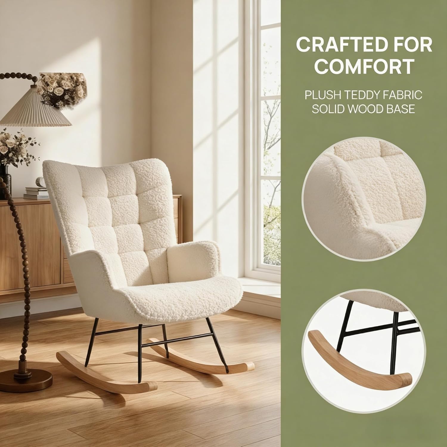 LONELYO Fauteuil à Bascule, Rocking Chair en Tissu Teddy Beige, Fauteuil de Salon avec Assise Rembourrée, Dossier Carré avec Accoudoirs Confortables, Idéal pour Salon et Chambre, Coin Lecture