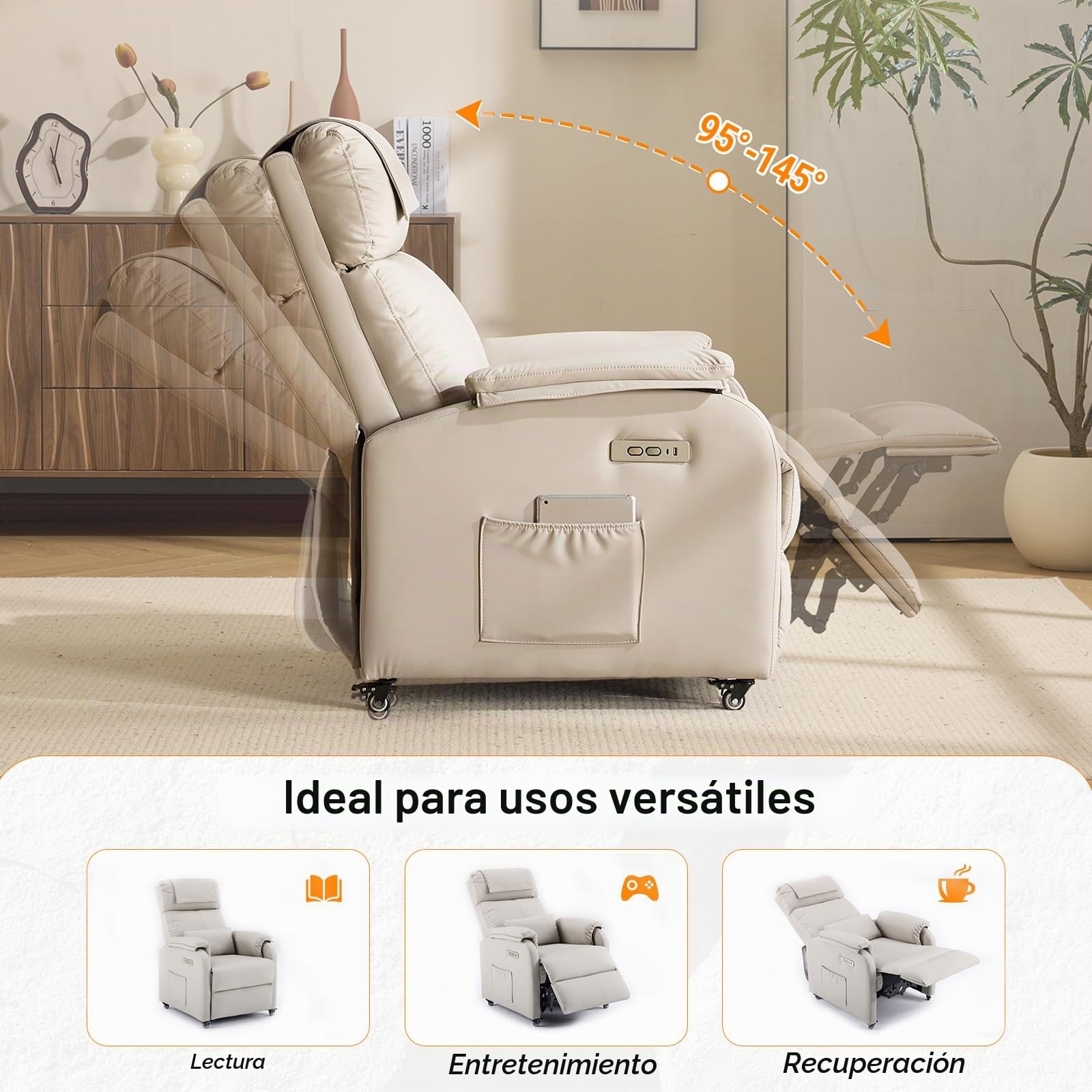 Bonnlo Sillón de relax, sillón de televisión, sillón de masaje eléctrico con función reclinable, sillón de TV, masaje de 2 puntos y función de calor, puertos USB-C y USB-A, 1 bolsillo lateral, piel