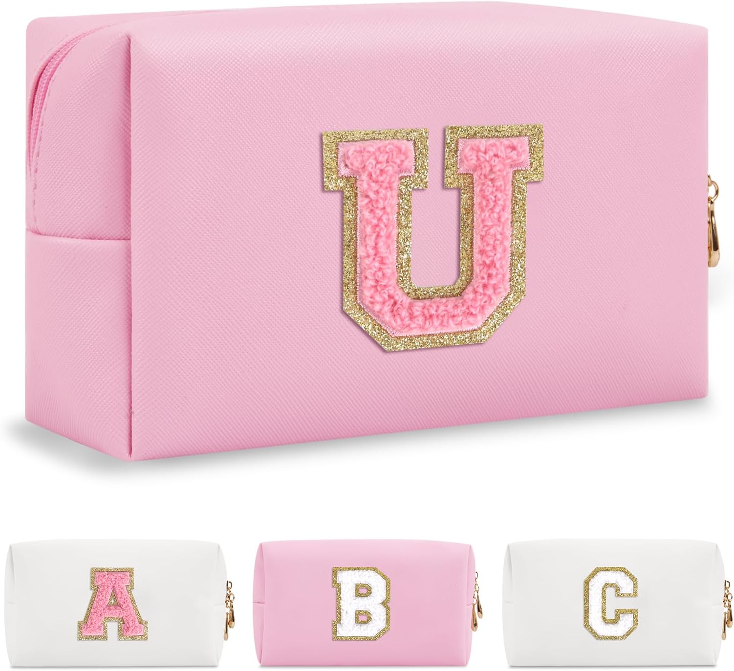 Personalized Initial A-Z Preppy Patch Makeup Bag,Small PU Leather Chenille Letter Cosmetic Bag with Zipper for Teen Girls,Pink Cute Travel Toiletry Bag,Birthday Monogrammed Gift for Daughter,Letter U