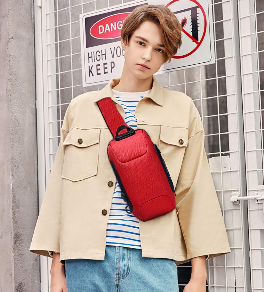 FANDARE New Men Sling Bag Anti-theft Crossbody Bag Chest Pack with Password Lock,USB, Reflective Stripe Shoulder Bag for Cycling Camping Riding Hiking Waterproof Polyester Red