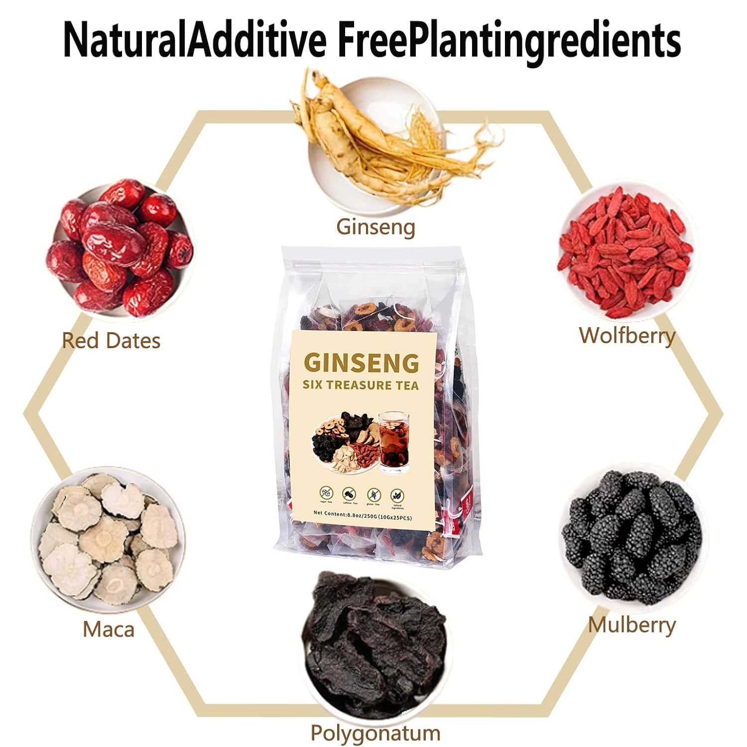 Ginseng Six Treasures Kidney Tea - Traditional Chinese Herbal Tea with Ingredients, 6 Precious Herbs Formula (50 Tea Bags)