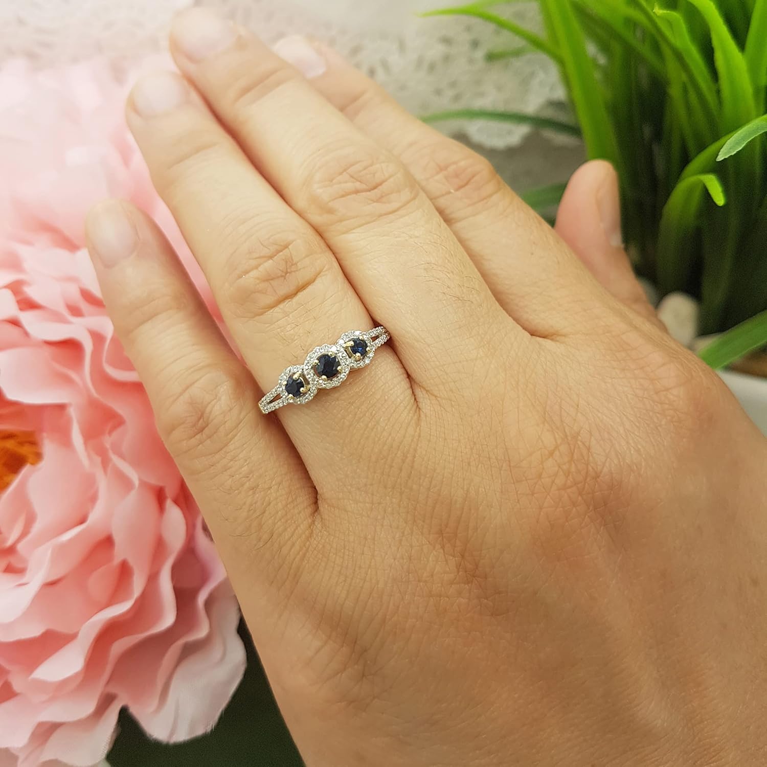 Dazzlingrock Collection Round Blue Sapphire & White Diamond 3 Stone Halo Engagement Ring for Women in Solid Gold