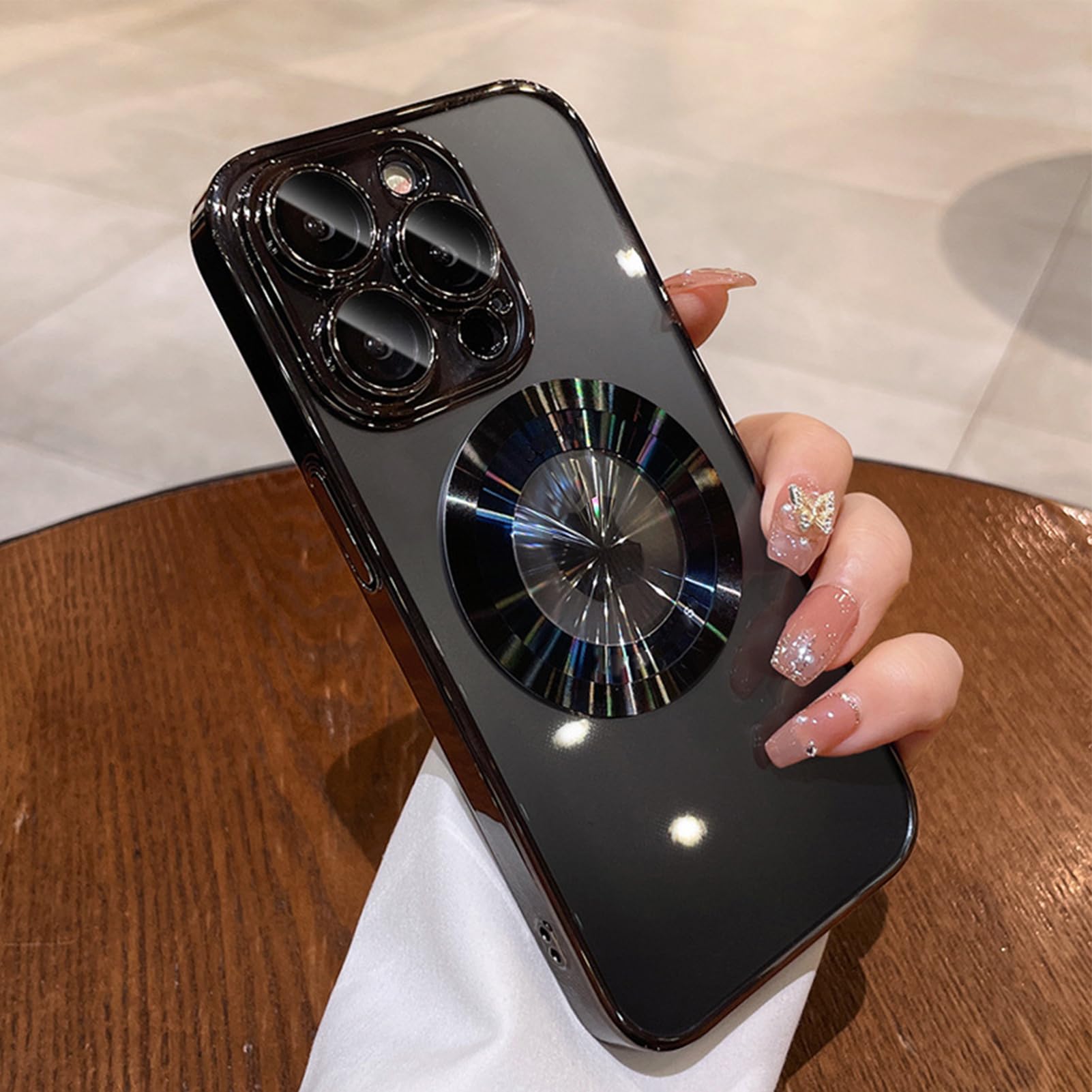 BonomaCompatible with iPhone 15 Pro Case Plating Magnetic Crystal [ Support Compatible with Magsafe ] Luxury Case Camera Protection Cover Screen Protector Cover Girls Women Phone Case -Black