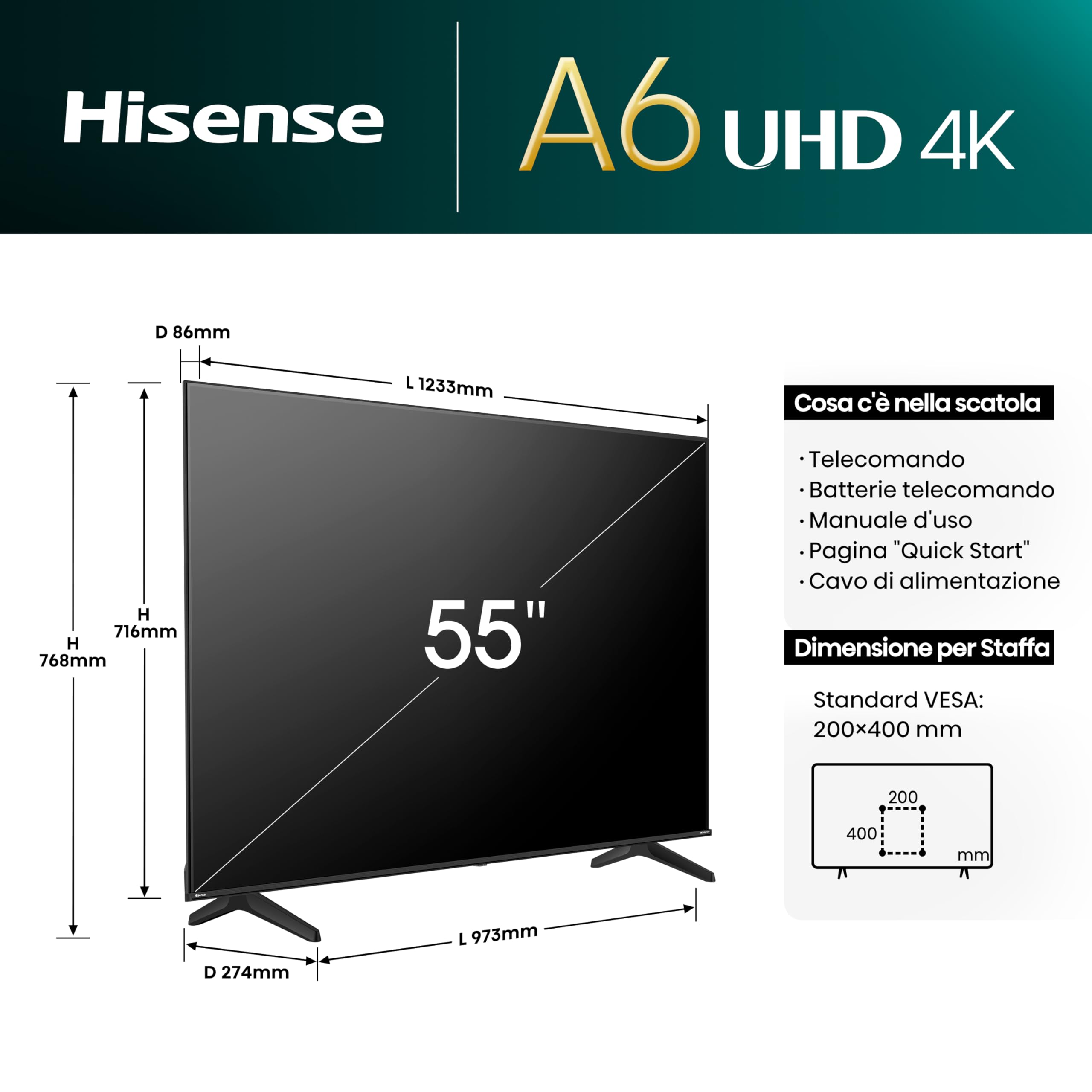 Hisense TV 55" 4K Ultra HD 55A6N, Smart TV VIDAA U7, Dolby Vision, HDR 10+, DTS Virtual:X, Game Mode, Alexa Built-in, VIDAA Voice, Tuner DVB-T2/S2 HEVC 10, lativù 4K, 55'', 2024 LED