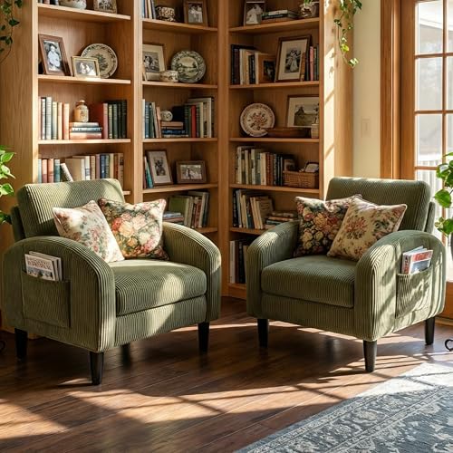 Homkdom Accent Chair with Side Pockets & Ergonomic Backrest, Set of 2,Green | Corduroy fabric, 6.3" thick cushion with pocket coil springs. Solid wood frame, 300 lbs capacity. Fits any small space.
