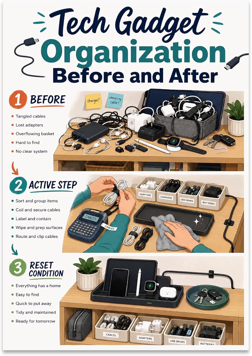 Tech Gadget Organization Poster - Home Office Reference - 13x19