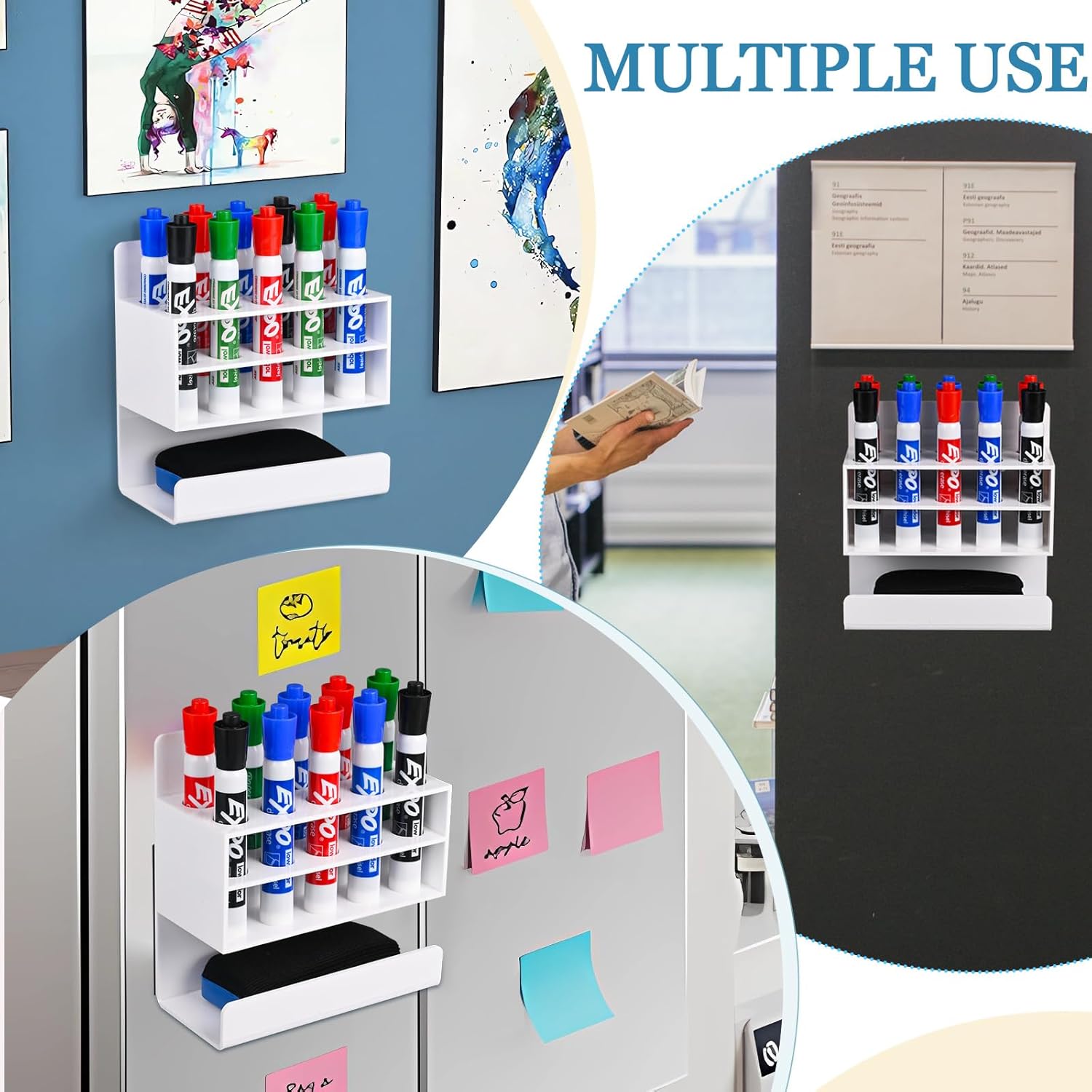 2 Pcs White Dry Erase Marker Holder, 2 Sets Wall Mounted Marker Holder with 10 Slots & Eraser Holder, Acrylic Marker Holder Magnetic for Whiteboard, Office, School, Classroom, Home (2)