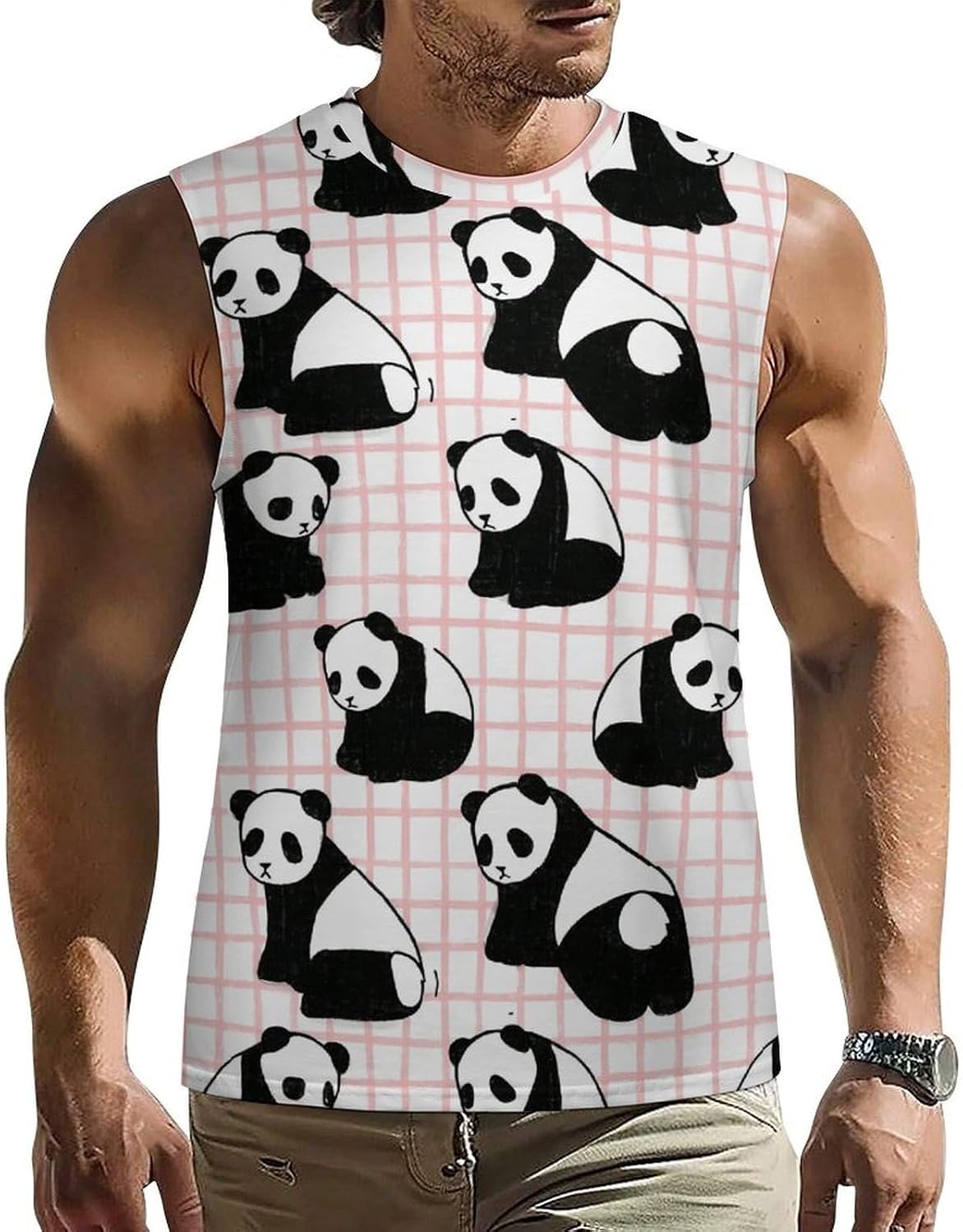 Panda Checkerboard Plaid Men's Sleeveless Shirt Small