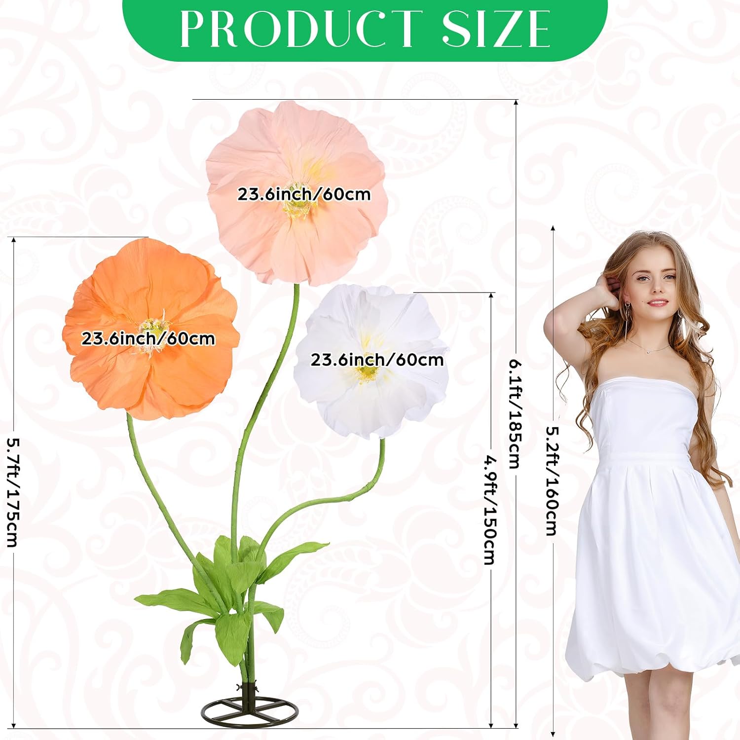 6.1ft giant artificial flowers for decoration large paper flowers standing handcrafted decoration for garden birthday party wedding props festival shop window display(classic color)