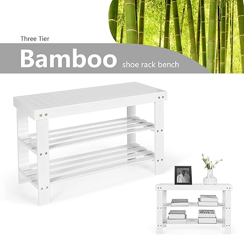 Miniatura 6 de Giantex Banco de zapatos de entrada, organizador de zapatos de bambú con capacidad para hasta 6 pares, 3 niveles de almacenamiento de zapatos