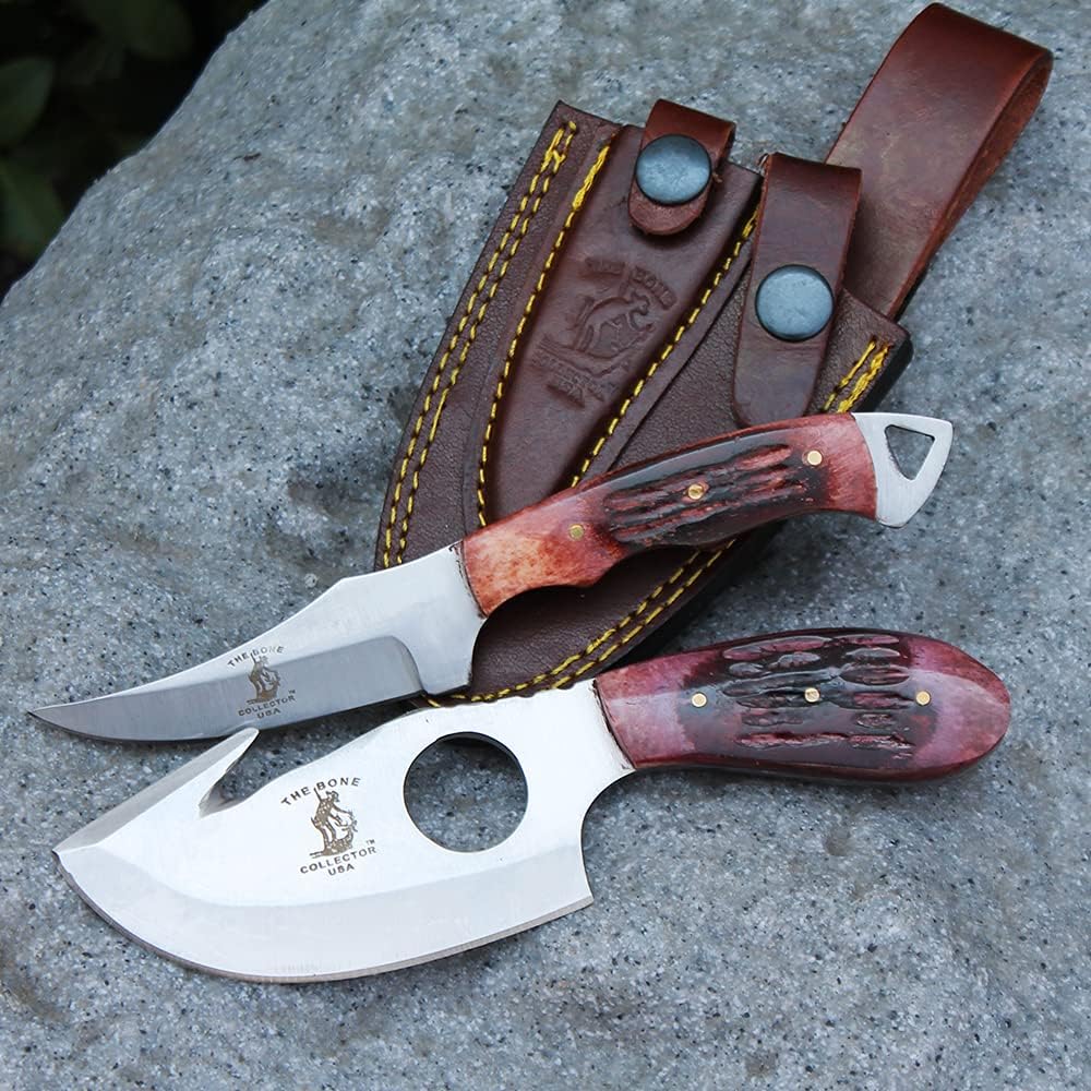 Bone Collector Hunting Knife Two Piece Set, 7" Straight Edge and 7" Gut Hook Blades Bone Full Tang Skinner (Bone)