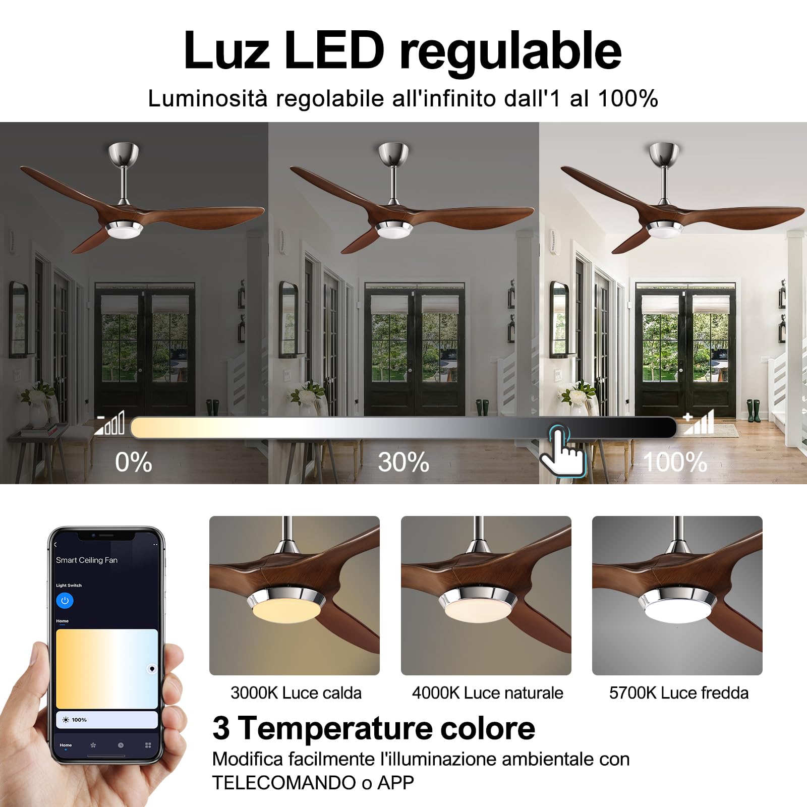 reiga 132cm Ventilatore da Soffitto con Lampada LED Dimmerabile, 3 Pale ABS, Telecomando, Motore CC Silenzioso, Inversione, 6 Velocità (Marrone-Scuro)