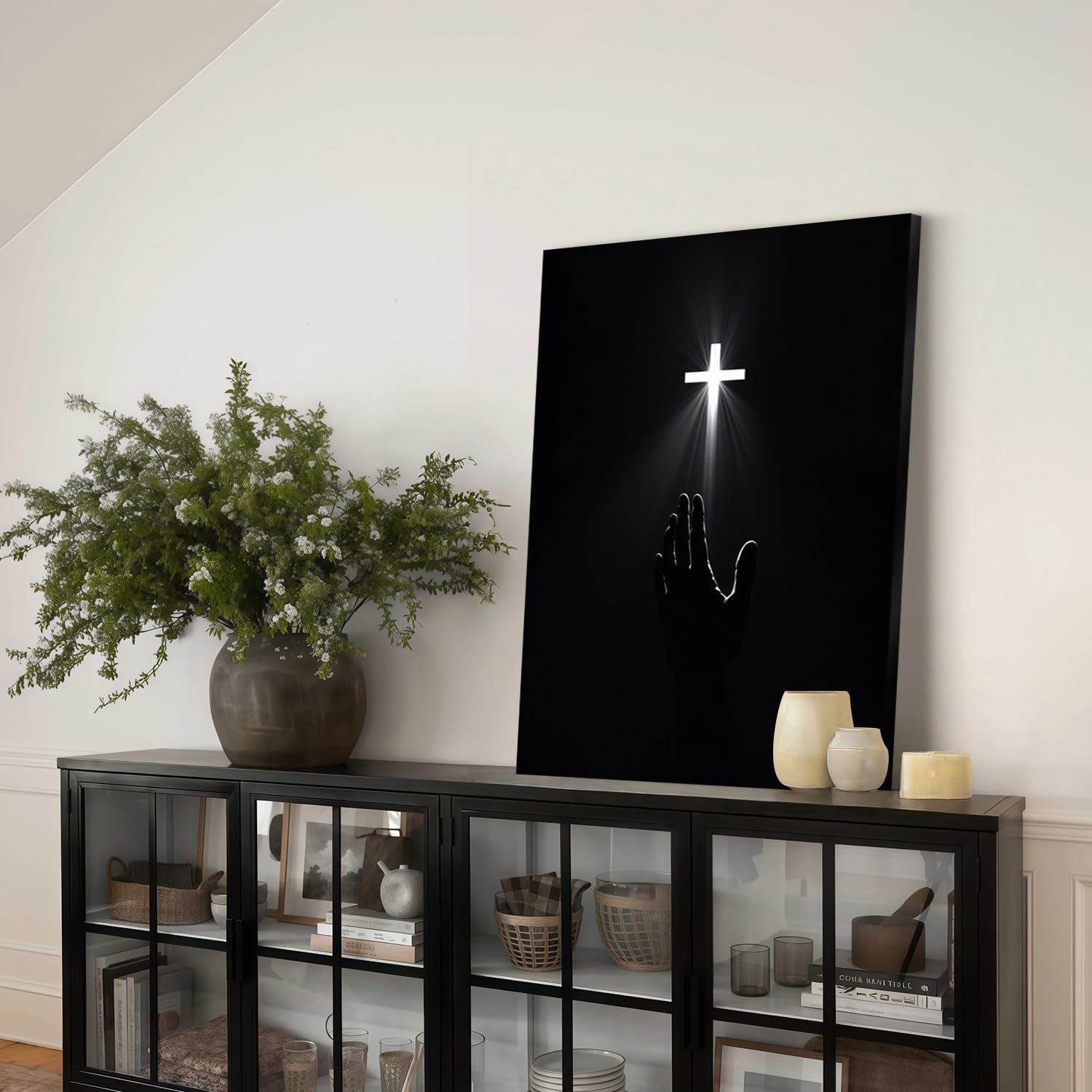 Framed Christian Wall Art Redemption Faith Poster Cross and Hands Black and White Canvas Print Religious Painting Jesus Picture Home Living Room Decor 24x36 Inch Ready to Hang