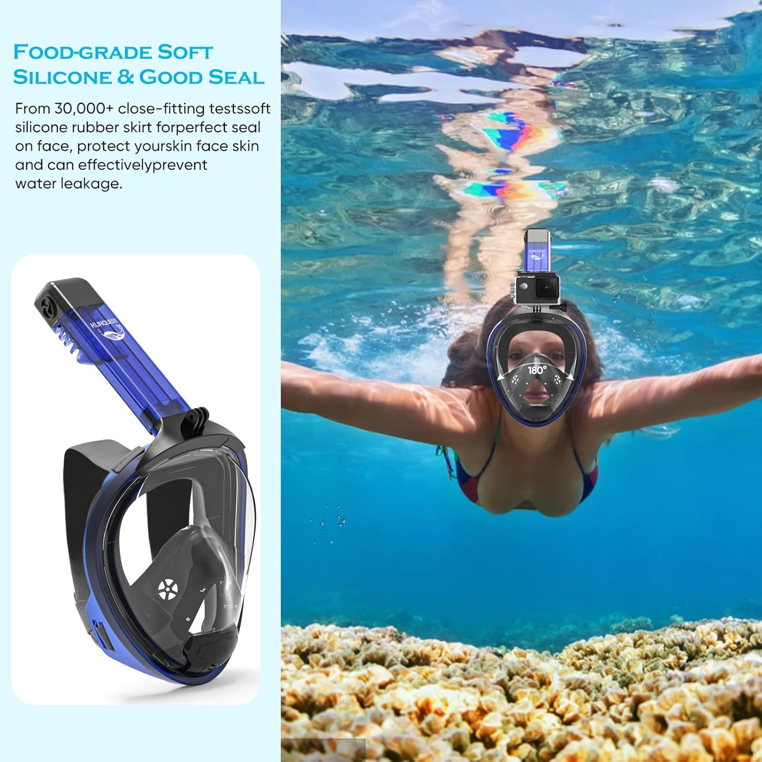 HD Full Face Snorkel Mask, Snorkeling Gear for Adults with 180° Anti-Fog HD View and Detachable Camera Mount, Anti-Leak Snorkel Mask Adult Youth - Image 7