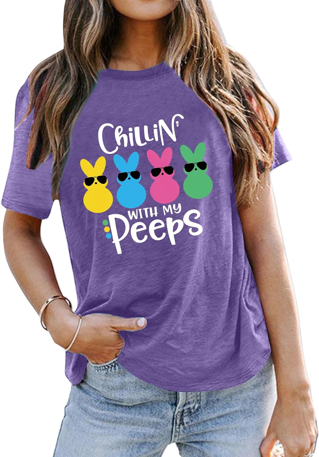 Easter Shirts for Women Chillin with My Peeps Shirt Cute Rabbit Graphic T-Shirt Bunny Shirt Easter Gift Tops - Image 2