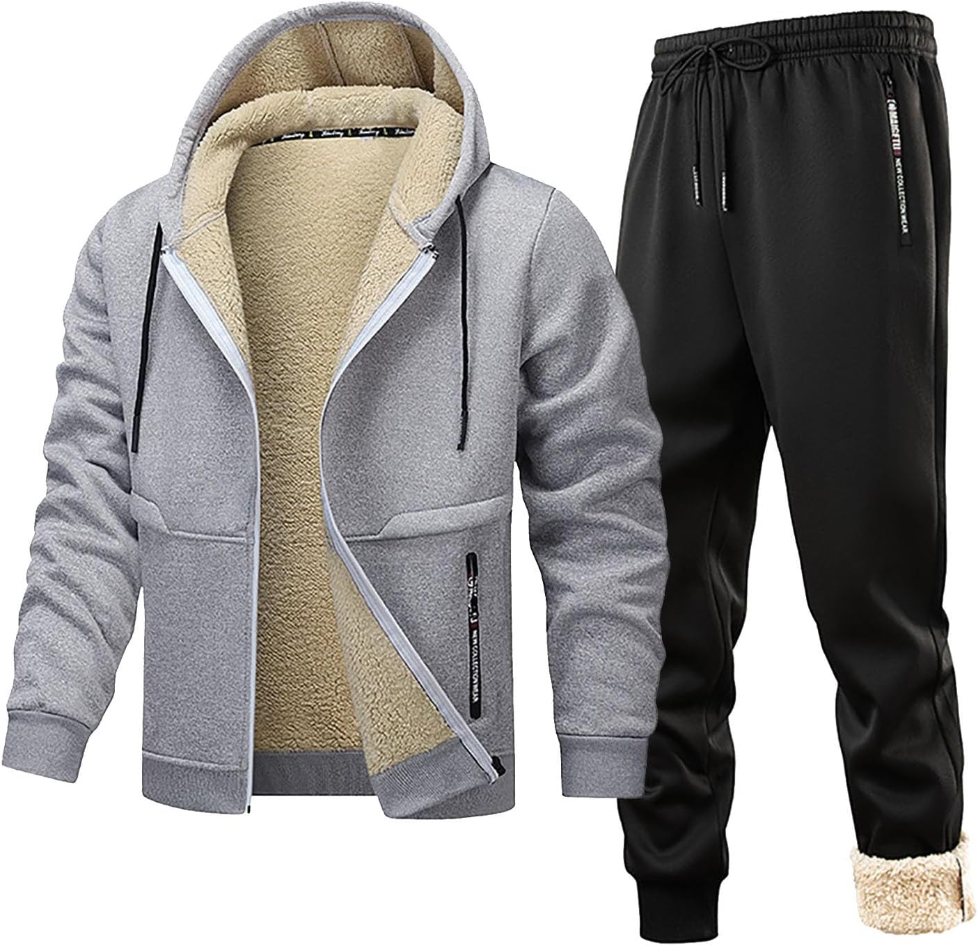 Mens Winter Tracksuit 2 Piece Set Full Zip Up Hoodie Warm Sherpa Lined Sweatshirt and Sweatpants Sets Fleece Loungewear