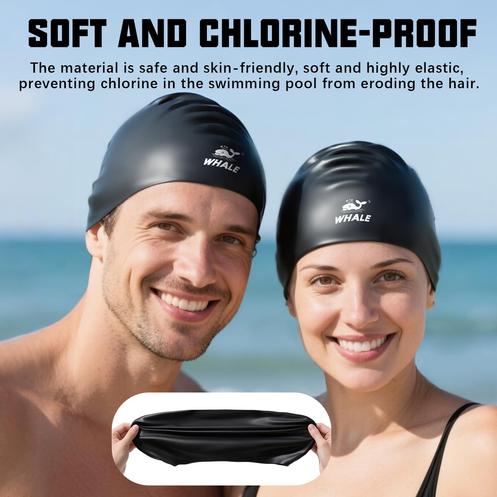 WHALE Silikon-Badekappe, wasserdicht, Mütze mit Ohrenschutz, rutschfest, hohe Elastizität, hält das Haar trocken, Unisex, große Größe, geeignet für langes Haar, lockiges Haar und afrikanische