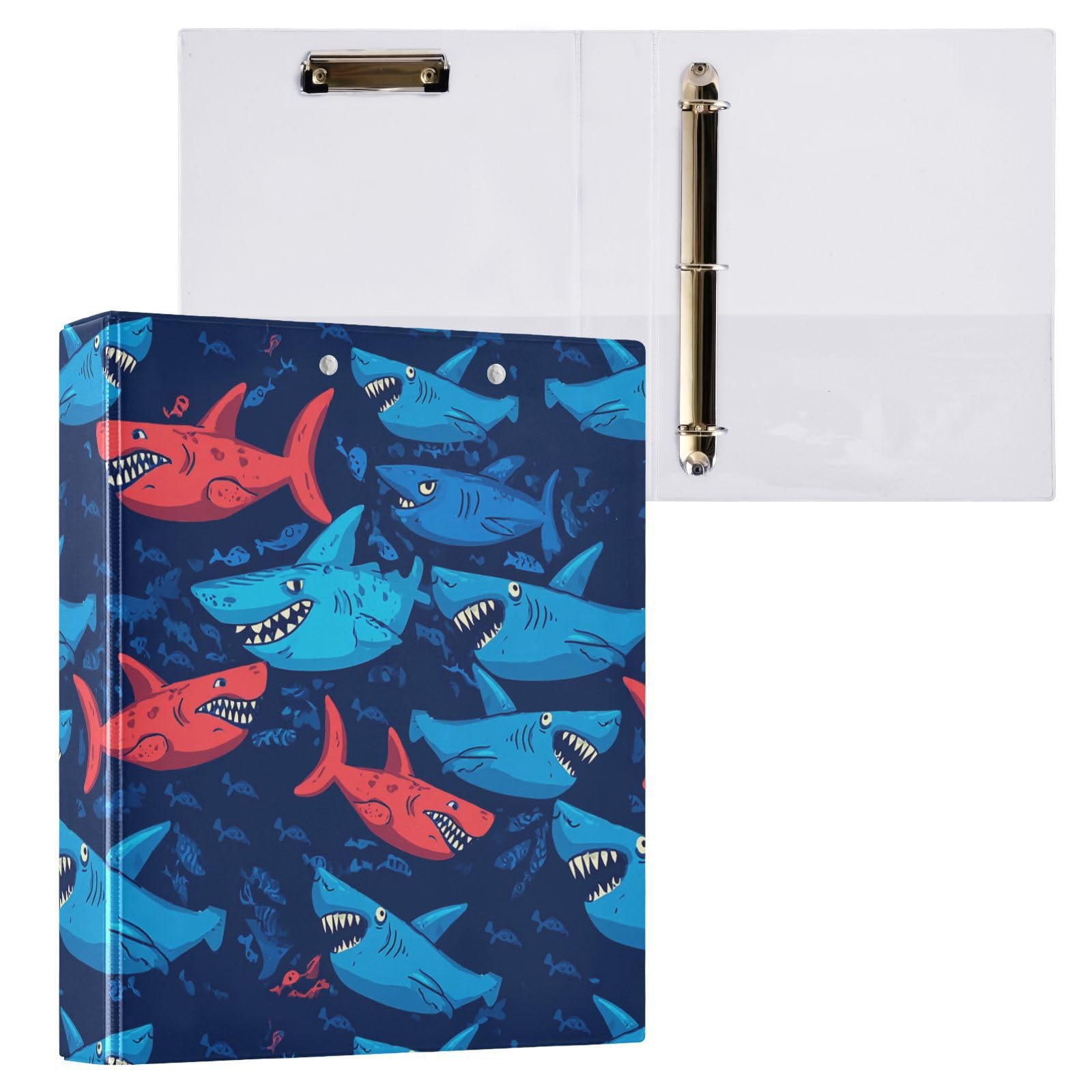 Kcldeci Angry Sharks - Raccoglitore a 3 anelli con copertina rigida, 3,8 cm, 200 fogli, per ufficio, casa, rientro a scuola, confezione da 2