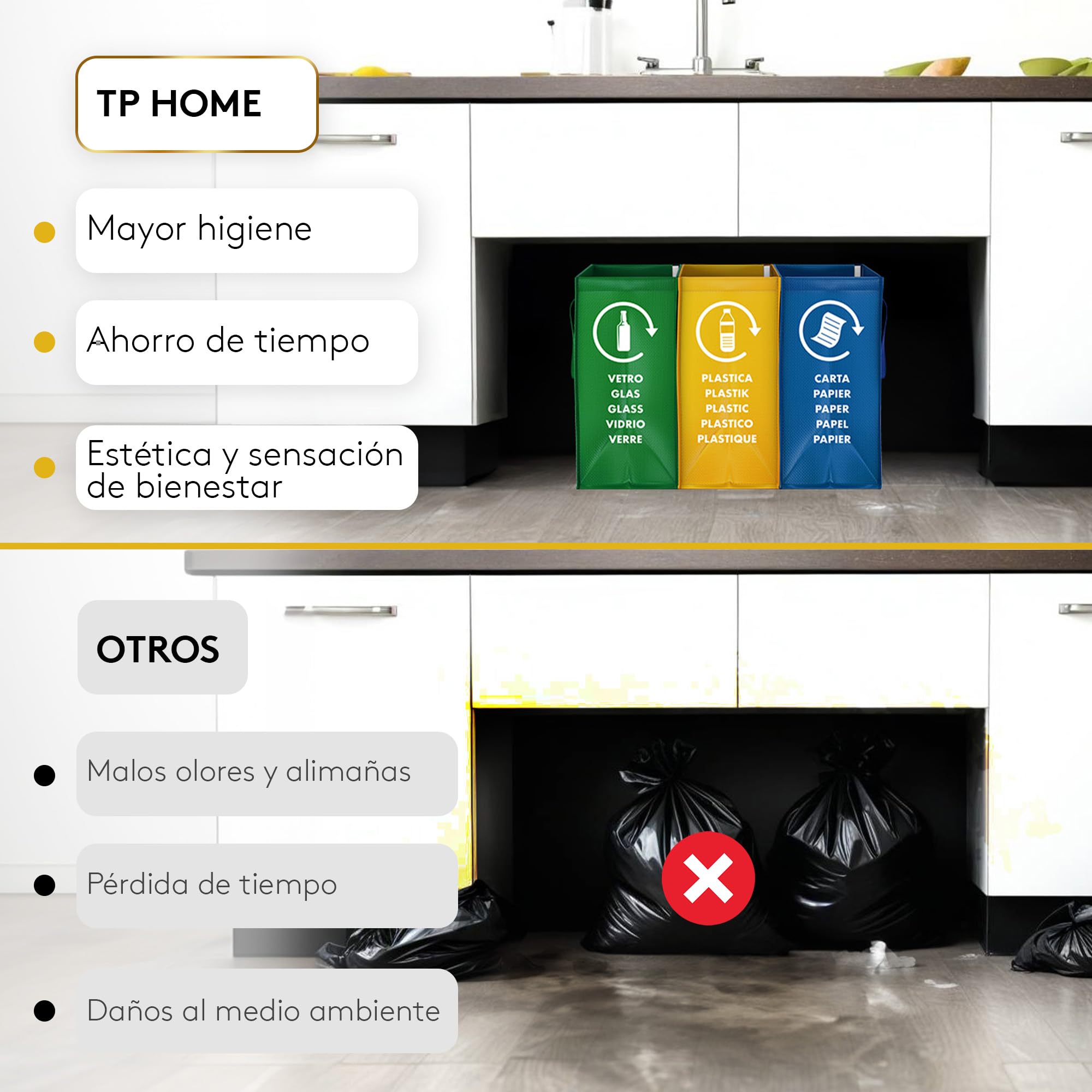 Cubos de basura de reciclaje - 3 Cubo de basura cocina para Papel, Plástico y Vidrio - Set de Cubo basura reciclaje con 3 Compartimentos - Bolsas para reciclar - Cubo reciclaje