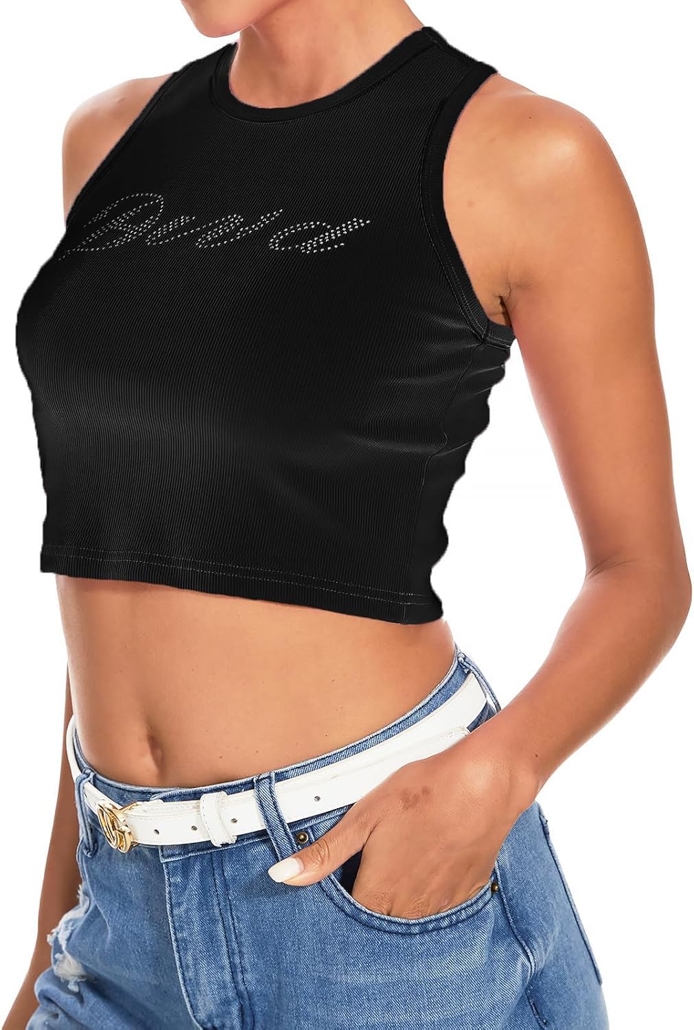 LQI Round Neck Racerback Tank Top Y2K Slim Fit Crop Top Pink Tops for Women Girls - Image 2