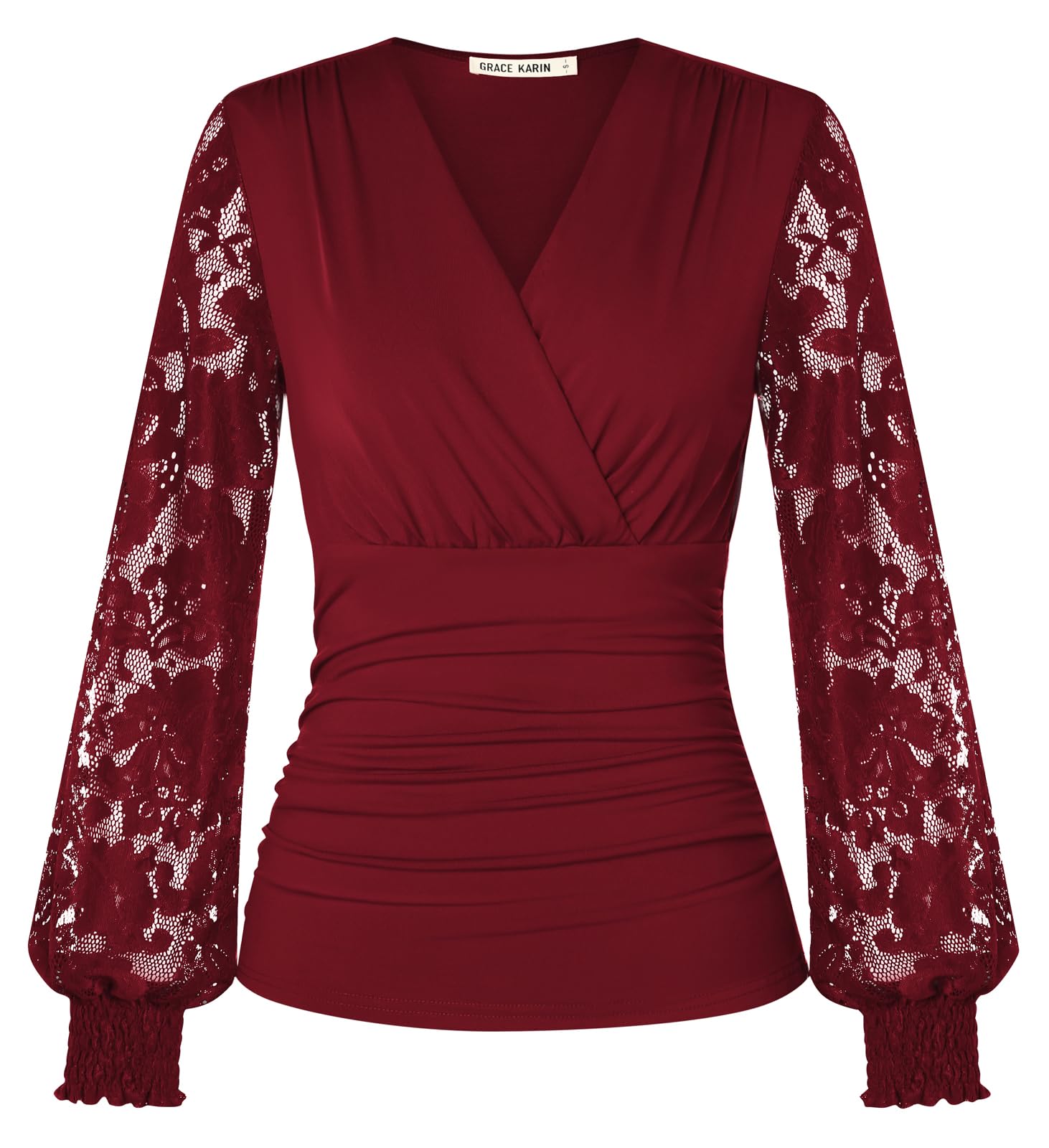 GRACE KARIN Damen Bluse Spitzen Langarm Festliche Oberteile V-Ausschnitt Plissierte Bauchweg Wickelbluse